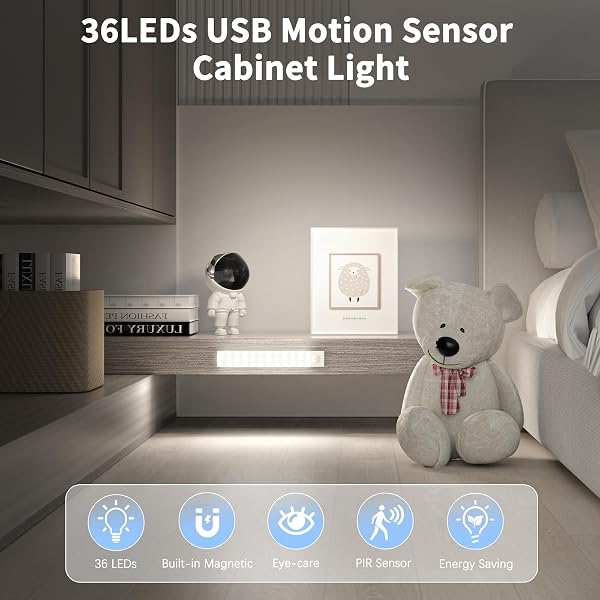 OUILA Luz LED Armario Magnética con Sensor Movimiento Blanco Natural 5000K 36 LEDs 4 Modos Luz LED Adhesiva USB Recargable 1000mAh Luce para Cocina, Armario, Escalera, Pasillo, Garaje-2 Piezas - 3
