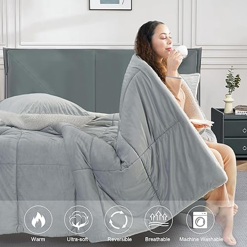 Miniatura 2 de BEDHOURS Juego de edredón tamaño King de microvisón Sherpa de 3 piezas, ultra suave, juego de ropa de cama alternativo de plumón sintético edredón