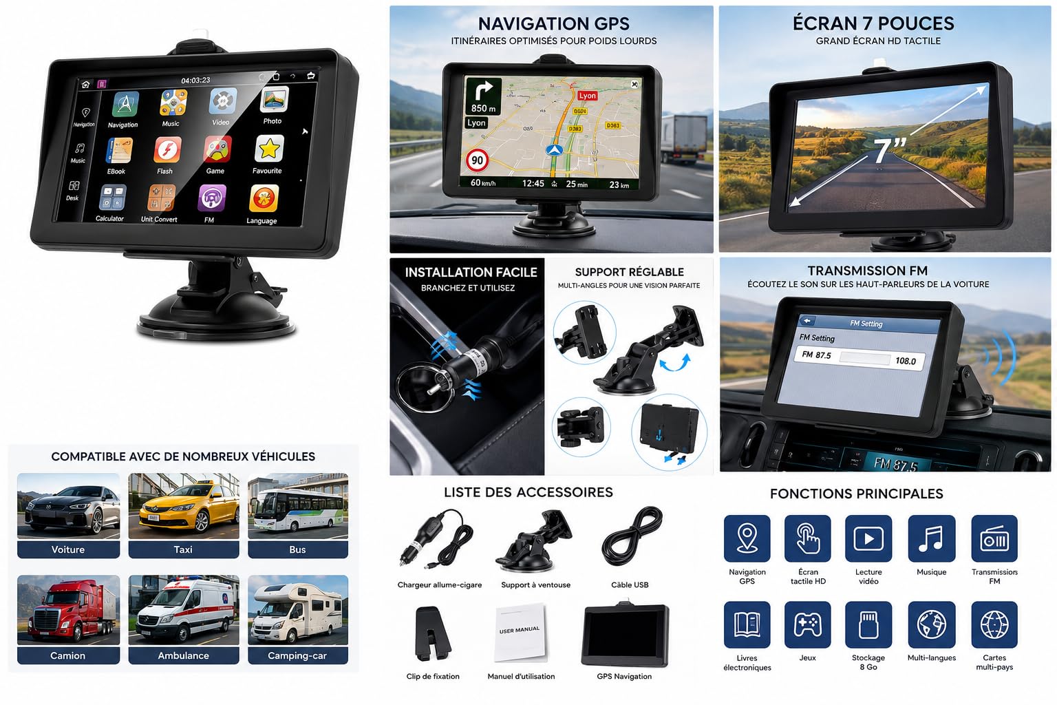 GPS Navigation 7 Pouces, Écran HD Tactile, 8 Go, FM, Multi-Langues, pour Voiture Camion Bus