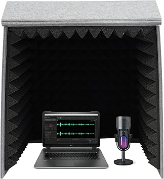 23.62 Inch Desktop Soundproof Cover, Portable Desk Top Vocal Booth with 12mm Thick Panel, Modern Square Vocal Recording Booth for Homes, Game Rooms Gray+Black