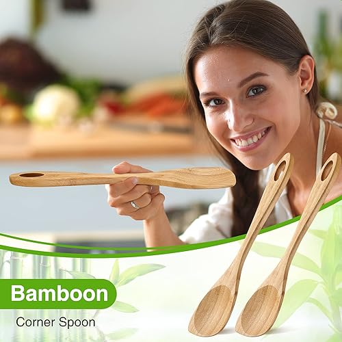 Miniatura 4 de 2 cucharas de madera para cocinar, cuchara de esquina de madera de 12 pulgadas, espátula de bambú, utensilios de cocina de madera, raspador para