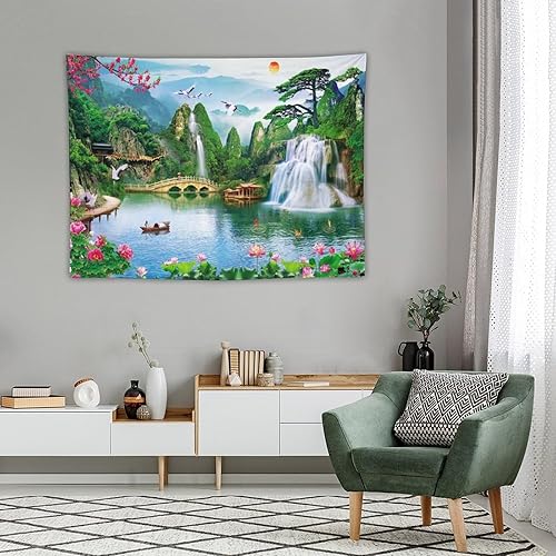 Miniatura 4 de DDCBNS Tapiz de naturaleza para colgar en la pared, bosque de montaña, lago, cascada, puesta de sol, árbol, paisaje, pájaros, tapiz para colgar en