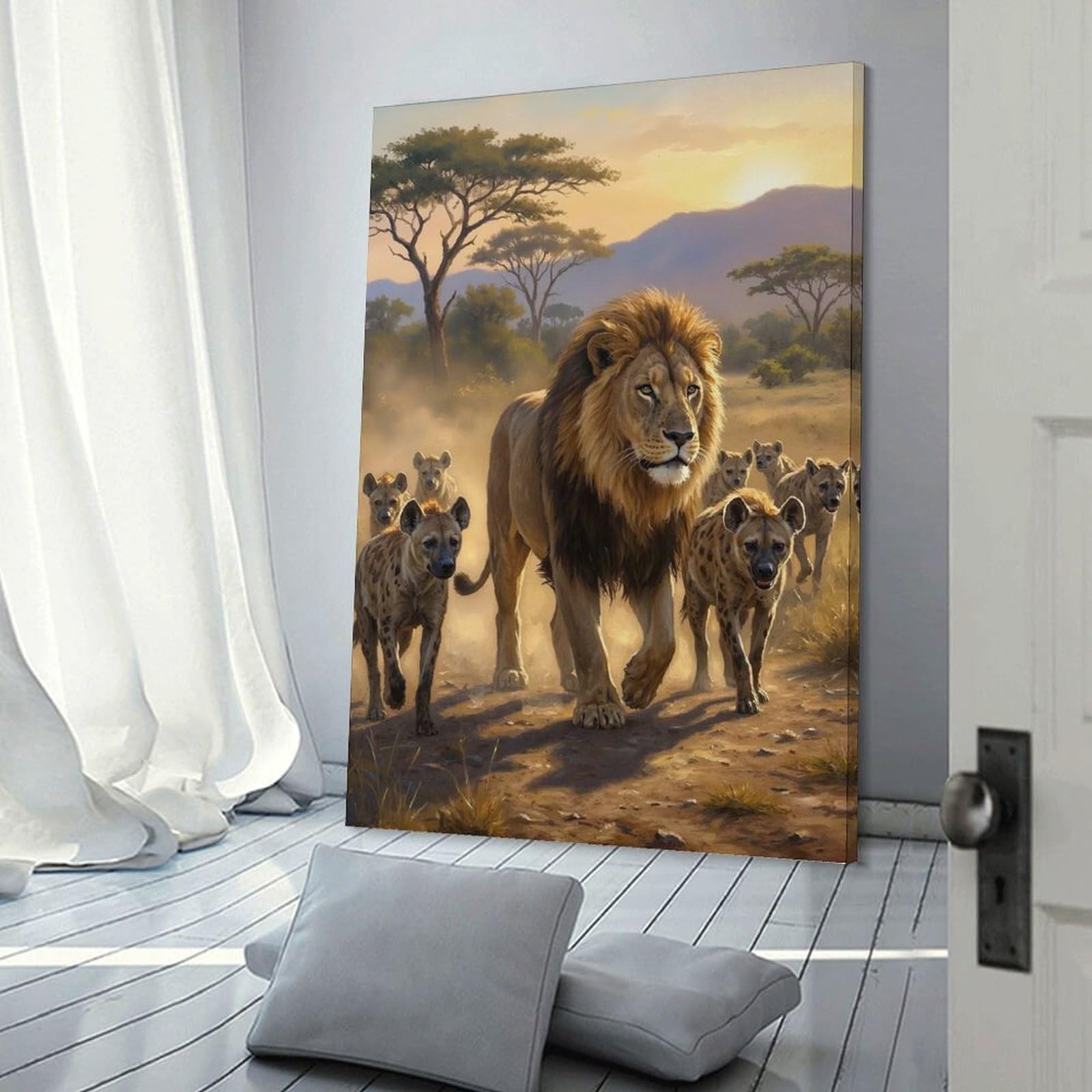 Junmoney Lion And Hyenas in African Savannah Decorative Canvas Print 20x30inch(50x75cm), for Hallway, Bedroom Or Modern Interiors, Home Decor Gift with Stylish Appeal