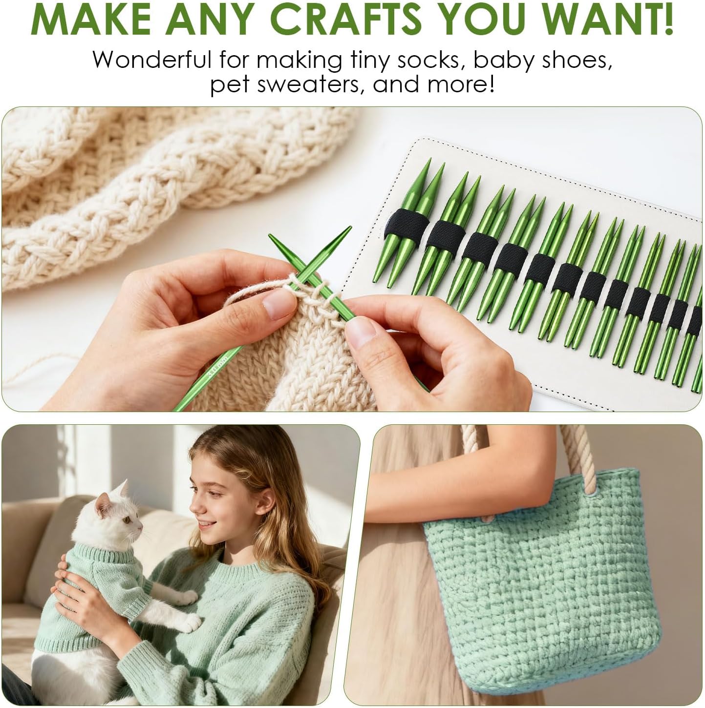 Interchangeable Circular Knitting Needles Set Premium Aluminum Knitting Kit 13 Pairs of 4 Inch with 4 Cables, Accessories and Storage Bag Green - Image 6