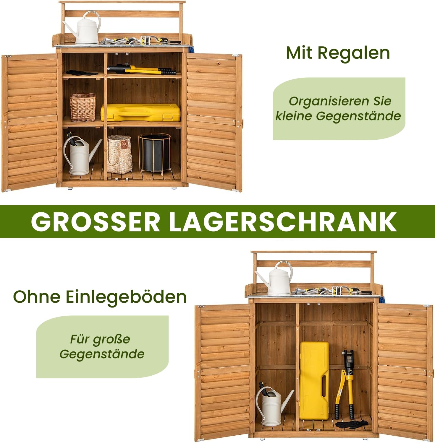 RELAX4LIFE Pflanztisch Outdoor, Gartentisch Holz mit Unterschrank & Verzinkter Arbeitsplatte & Abnehmbaren Regalen & Haken, Arbeitstisch wetterfest für Garten, Hof, Terrasse, 87 x 45 x 120 cm, Natur