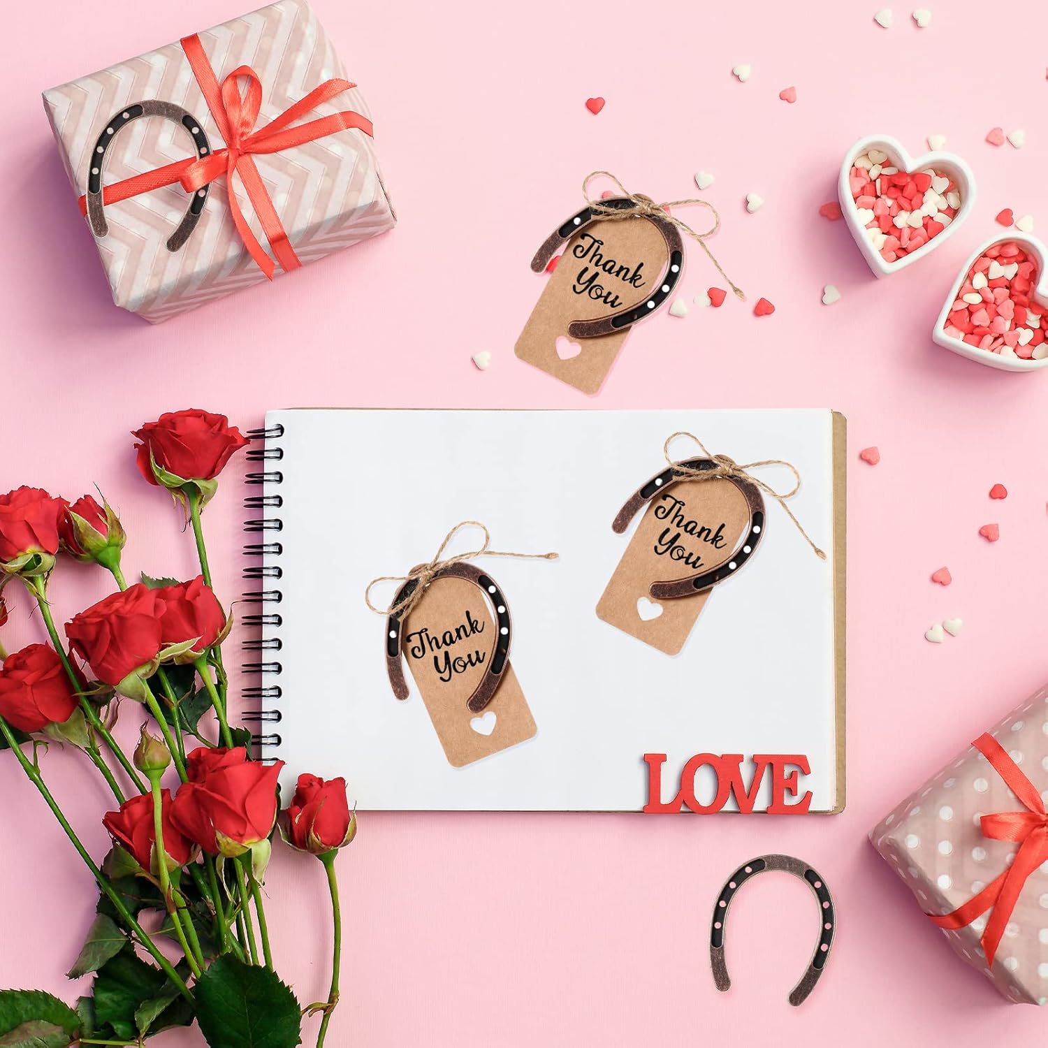 Leinuosen 24 Pcs Good Lucky Horseshoe with Thank You Kraft Tags and Rope, Western Rustic Horseshoe Charms, Metal Horse Gifts for Vintage Wedding Birthday Cowboy Cowgirl Party Favors - Image 5