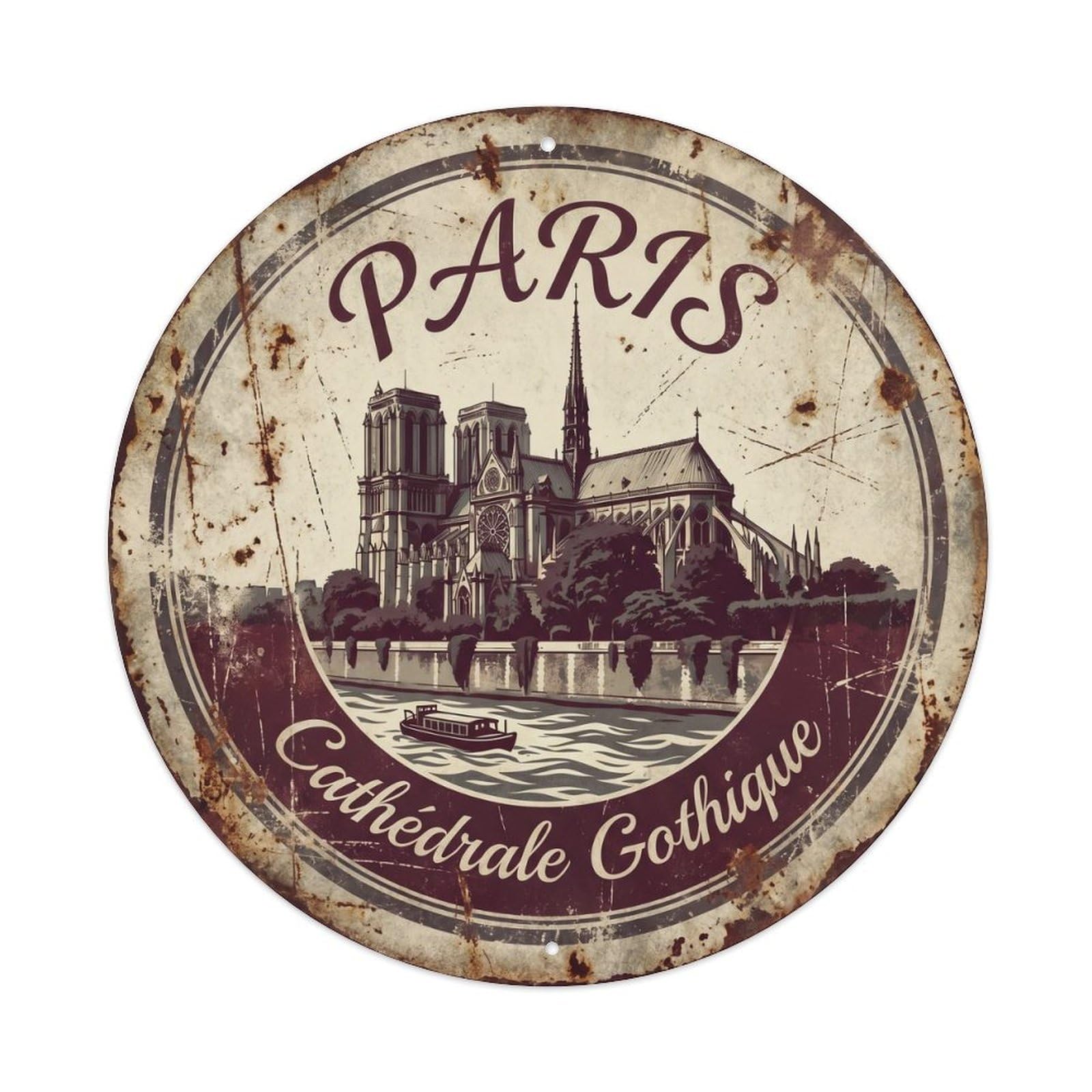 Vintage Travel Notre Dame Cathedral Paris Metal Tin Sign Plaque Wall Decor for Cafe, Club, Garden Round Metal Poster 8x8Inch