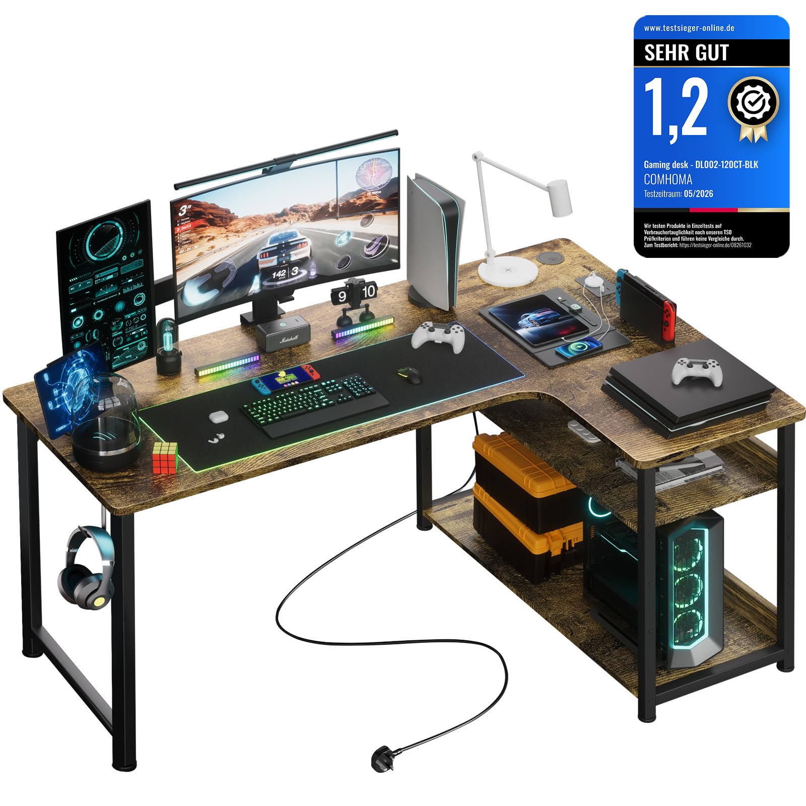 COMHOMA Gaming Tisch mit Steckdose Schreibtisch, Eckschreibtisch mit USB-Ladeanschluss und Regal, Computertisch L Form, PC Tisch für Büro, Heimbüro
