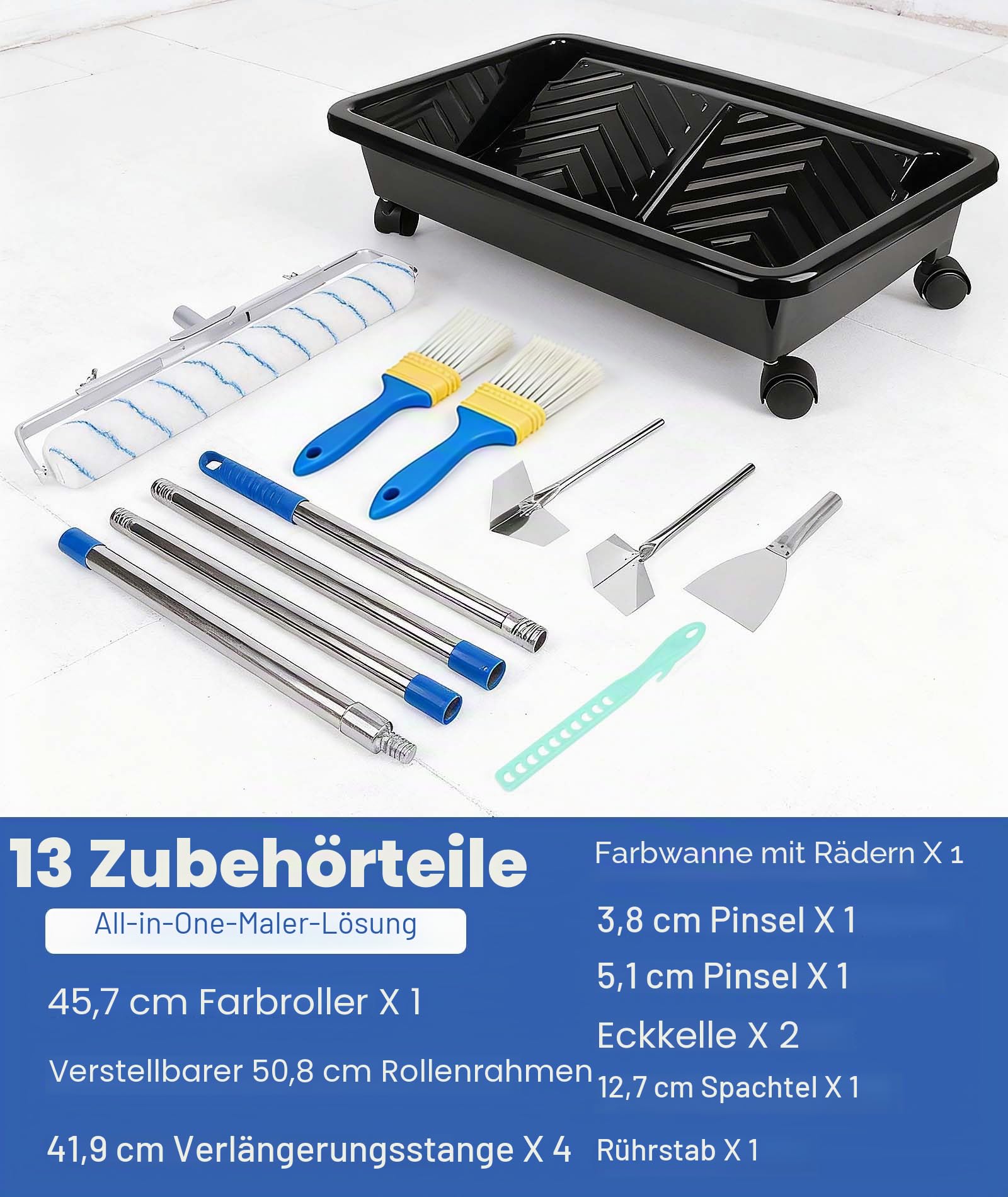 18in Mikrofaser Farbroller Set, Bewegliche Farbwanne mit Rädern, Verstellbarer 12-20in Streicheltrahmen & Verlängerungsstange 1,6M, Komplettes Streicheltenset mit Pinseln & Spachtel für Wände, Decken