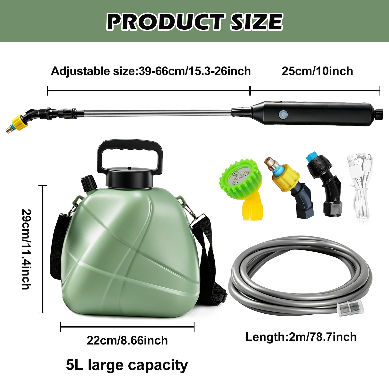 Spruzzatore a pressione da 5 l, spruzzatore elettrico per piante, a batteria, con 3 ugelli per nebbia e asta telescopica da 60 cm, spruzzatore elettrico a pressione, spruzzatore da giardino per la