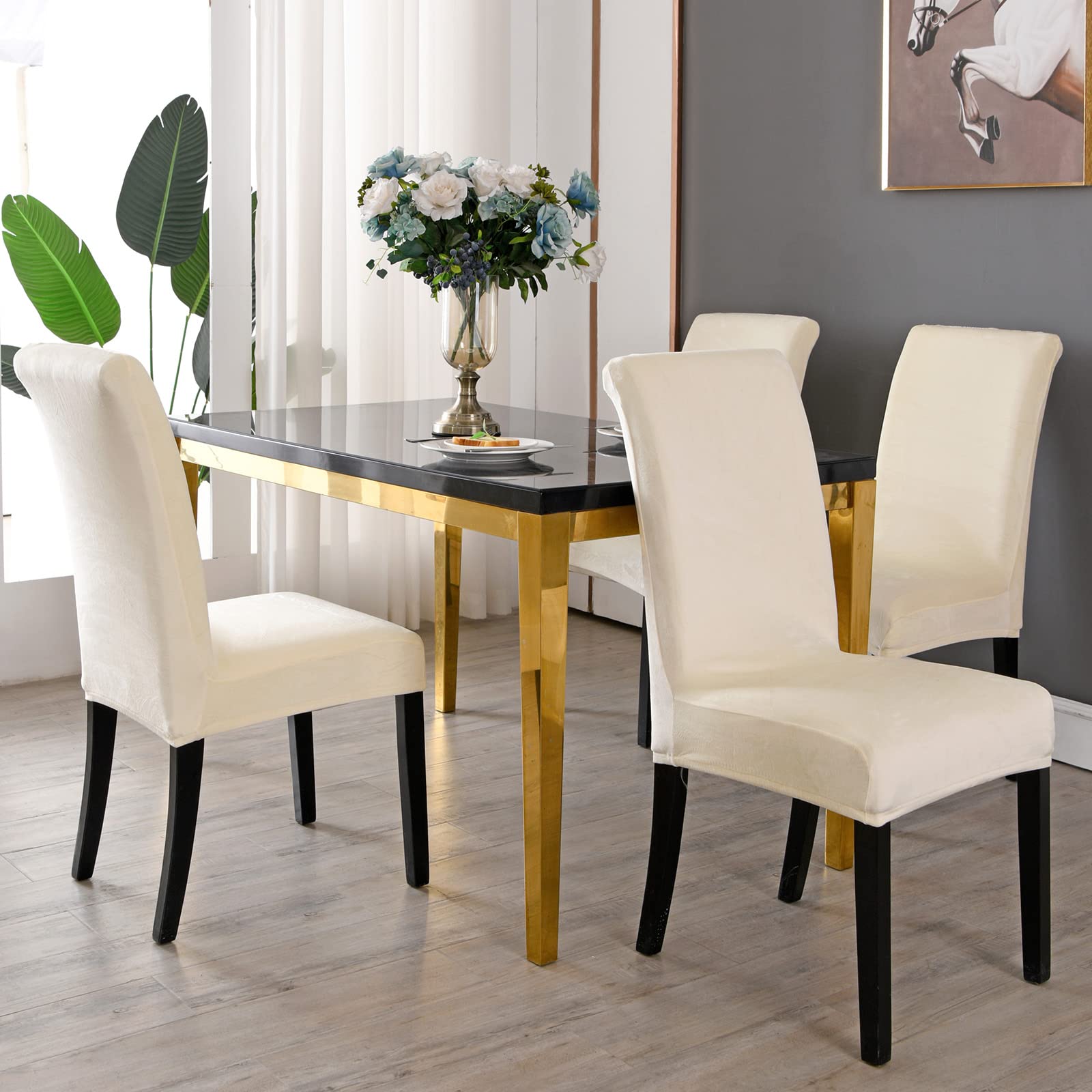 MIFXIN Dining Chair Covers 6 Pack Velvet Stretch Kitchen Chair Slipcover Elastic Spandex Washable Chair Furniture Protector Seat Cover for Dining Room Home Hotel Decor (Beige)