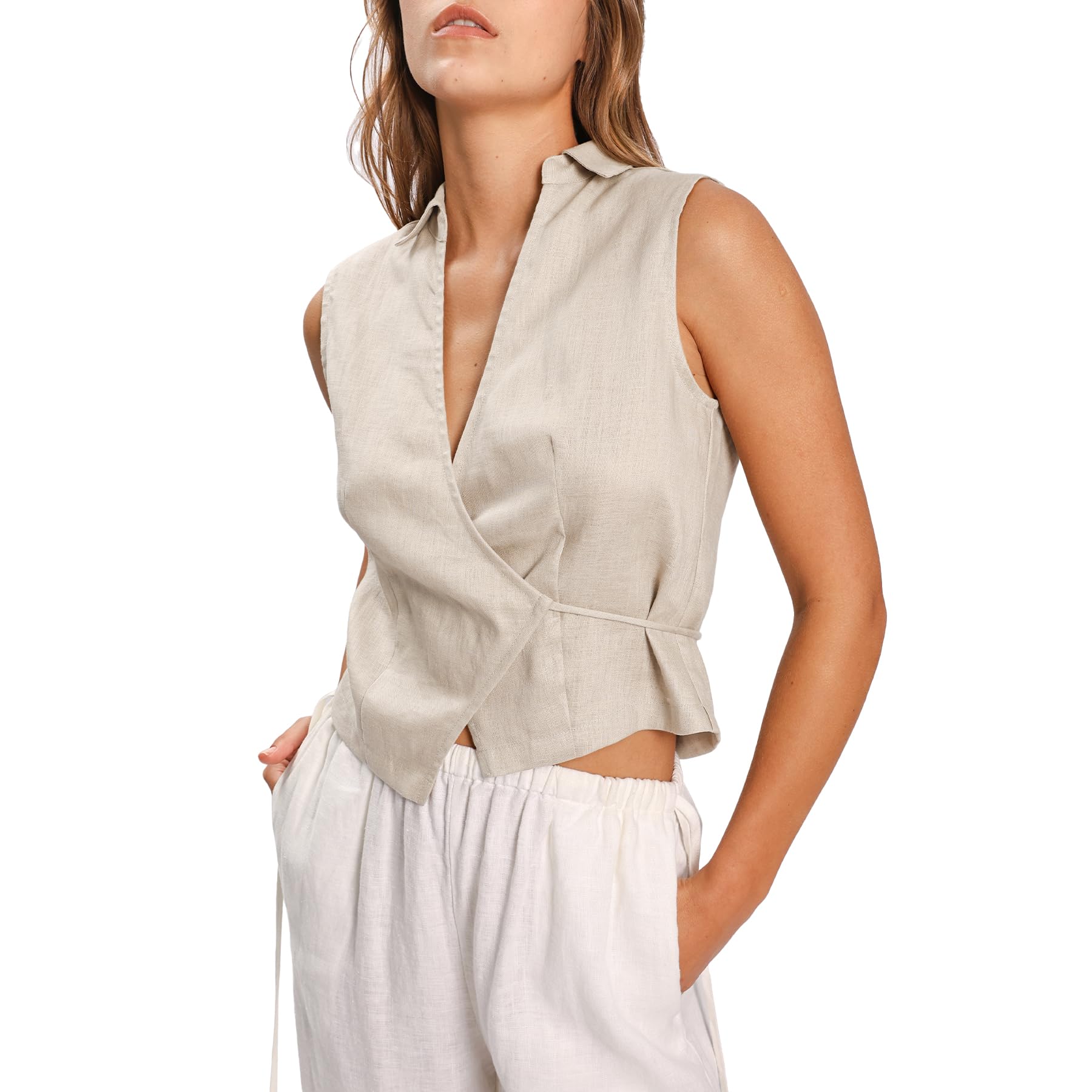 Amazhiyu Damen 100 % Leinen, V-Ausschnitt, ärmellos, bauchfreies Wickel-Top, Flachs, X-Groß