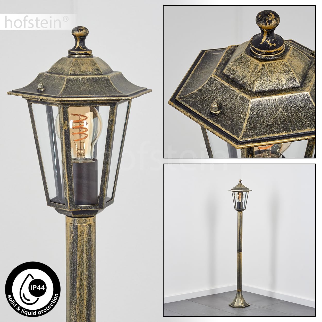 HOFSTEIN Lampa zewnętrzna Loria, oświetlenie ścieżki z metalu/szkła w kolorze złotym/brązowym/przezroczystym, lampa zewnętrzna o antycznym wyglądzie, 99 cm, lampa ogrodowa, oświetlenie ogrodowe IP44,