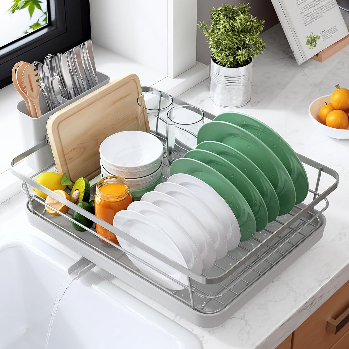Kitsure Dish Drying Rack for Kitchen Counter, 12''W x 15.5''L, Silver | Stainless Steel Sink Organization, Cutlery Holder, Home and Appartment Decor