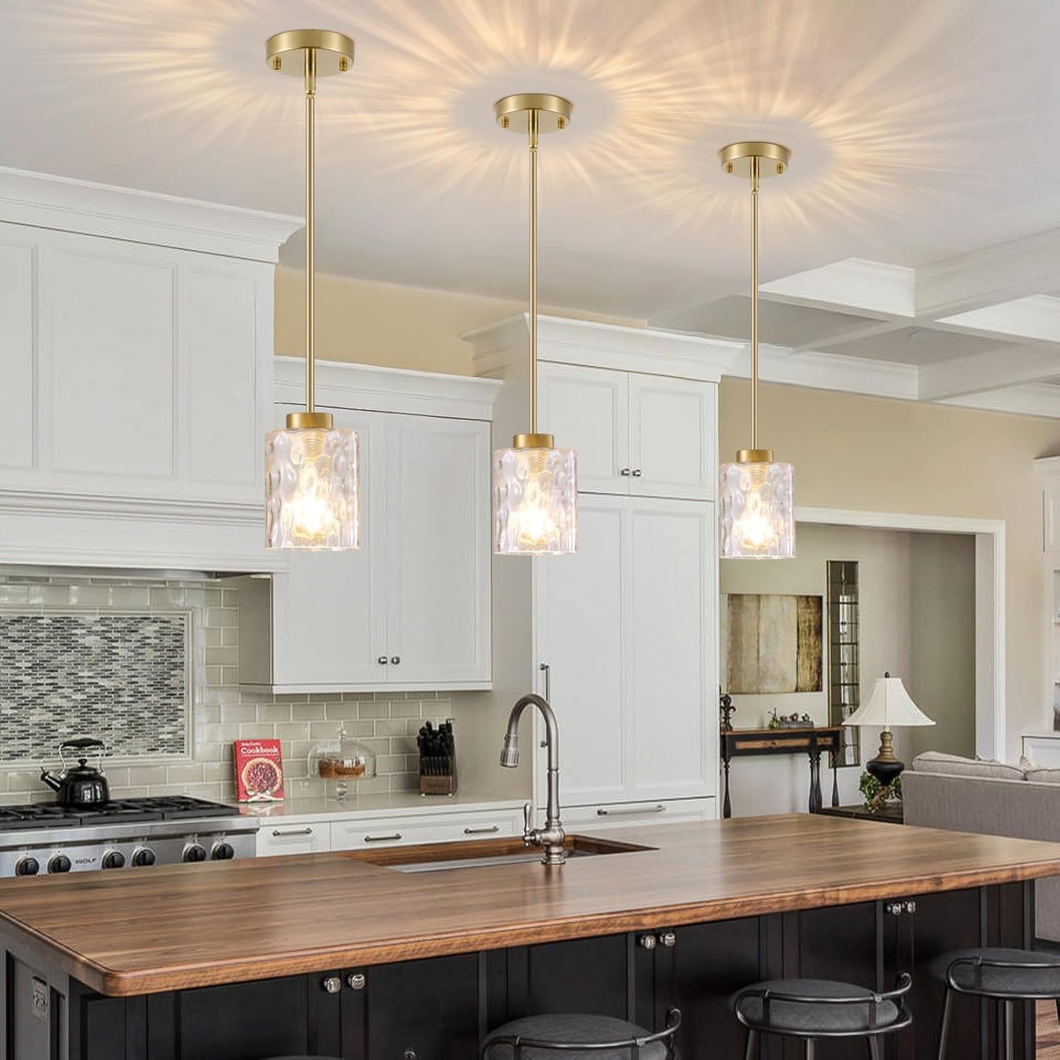 MWZ Brushed Gold Pendant Lights Kitchen Island 3 Pack, Modern Hanging Island Pendant Lights Over Sink with Hammered Glass Shade,Small Chandeliers Fixtures Adjustable Hanging Lighting for Table Bedroom