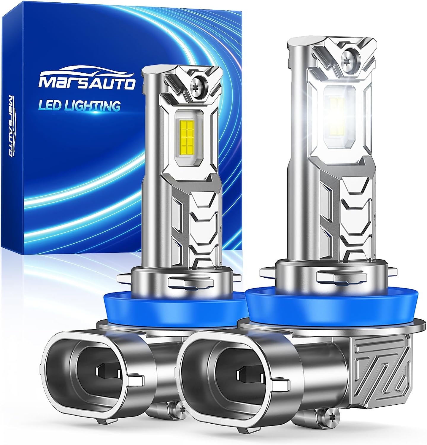 Marsauto M1C H11 LED Headlight Bulbs, 30000LM 6000K Cool White, Compatible with H8/H9/H16, Fanless Passive Cooling, Ultra Quiet Plug and Play Fog Light, Pack of 2
