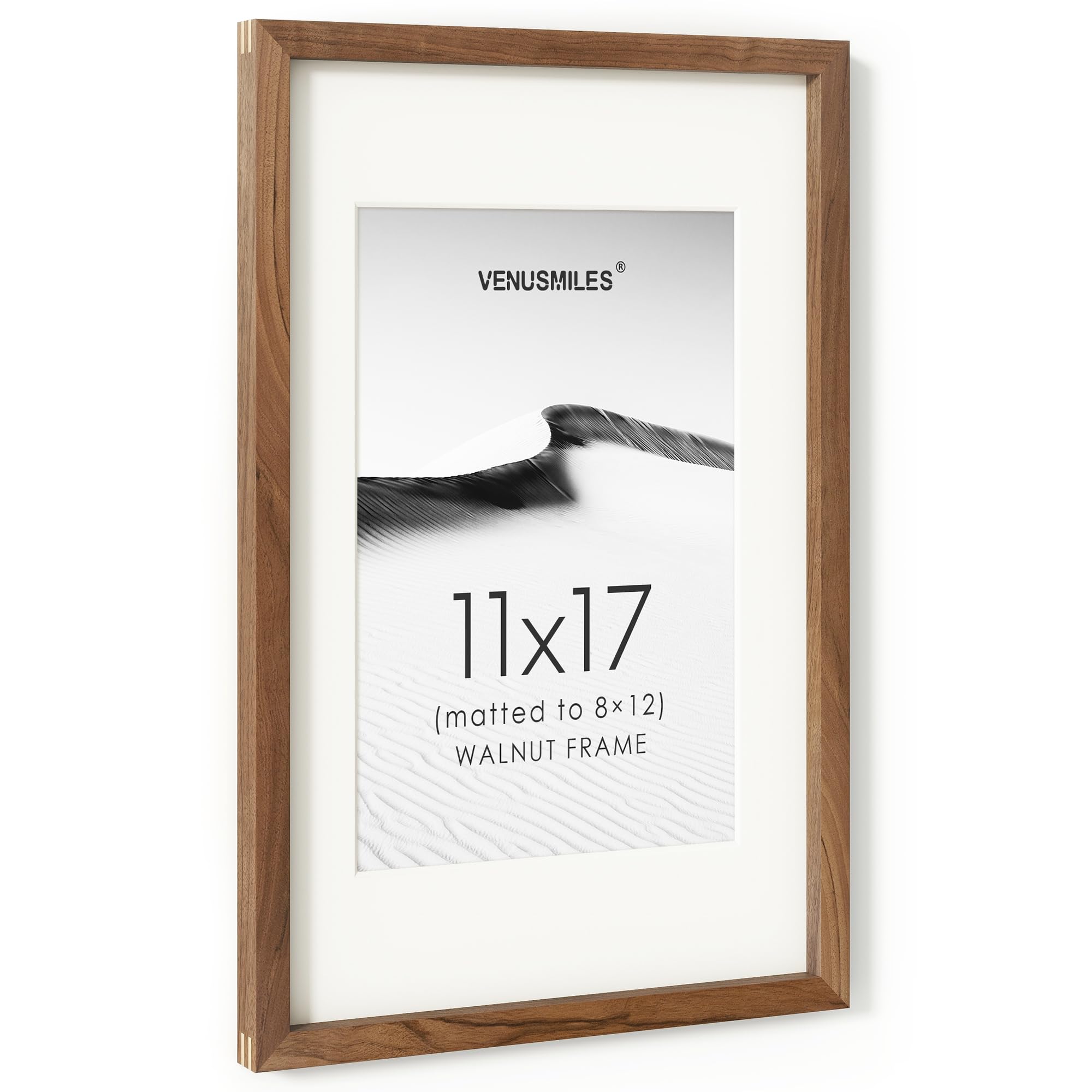 11x17 Picture Frame, USA-Sourced Natural Walnut Wood Photo Collage Frame with HD Tempered Glass, Modern Simple 11x17 Wooden Frame Matted to 8 x 12, Vertical &amp; Horizontal Wall Hanging Display