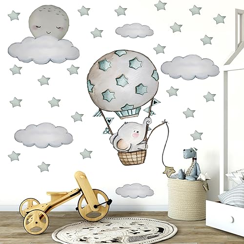 Calcomanías de pared de elefante, calcomanías de pared de nubes de estrella, luna y estrellas, papel tapiz de vinilo para bricolaje, decoración de