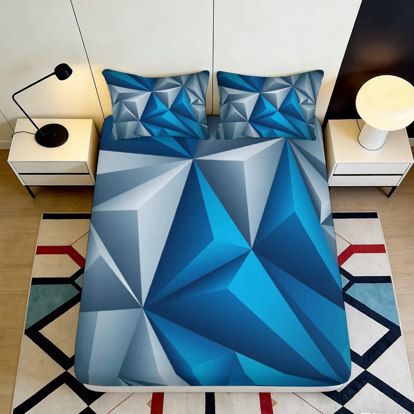 3D Printed Blue Geometric Fitted Sheet Microfiber Soft Bedroom Dorm Mattress Cover Decor Protection 90x200x25cm