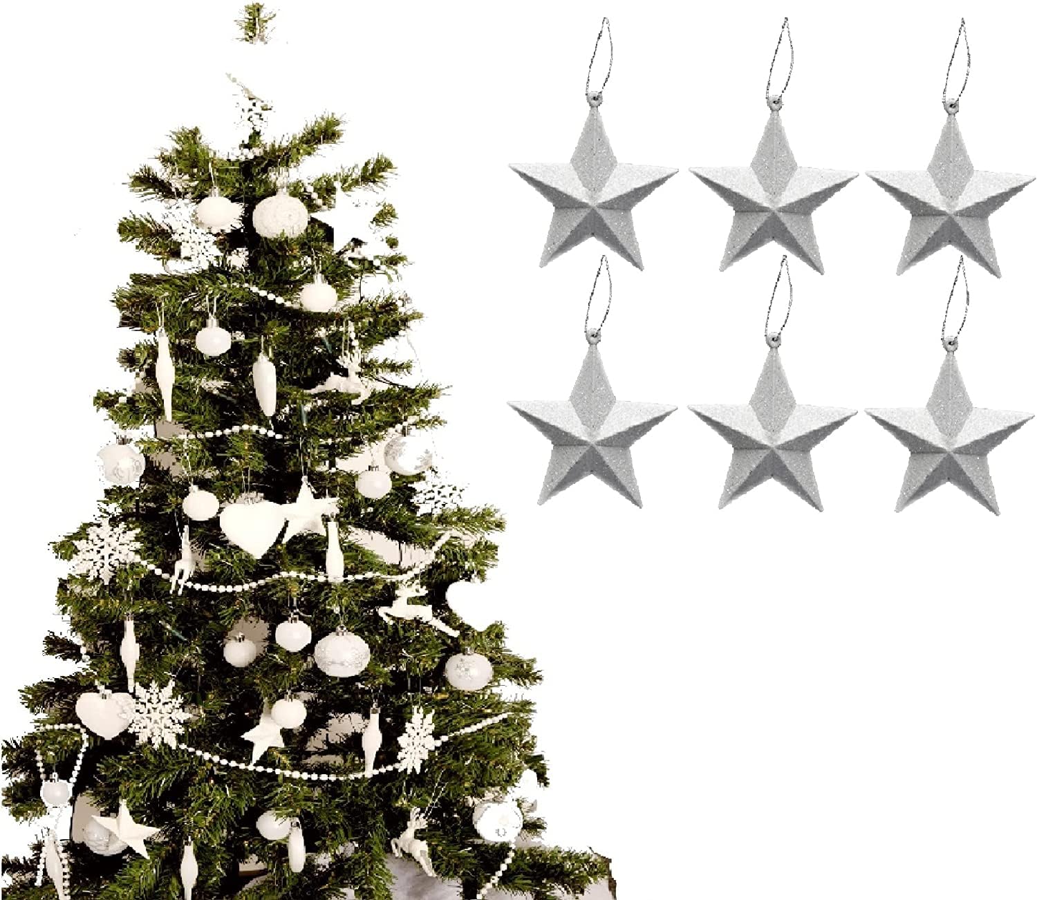 Ukdeals Direct Pack Of 6 3D Star Ukdd® White Collection Christmas Droplet Baubles Tree Decorations, Glitter, Matt Icicles, Reindeer Baubles (Pack Of 6 3D Star)