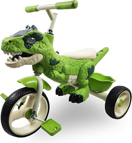 Triciclo de dinosaurio para niños de 3 a 7 años, triciclo para niños pequeños, rueda grande con luces, música y neumáticos sin aire, para interiores