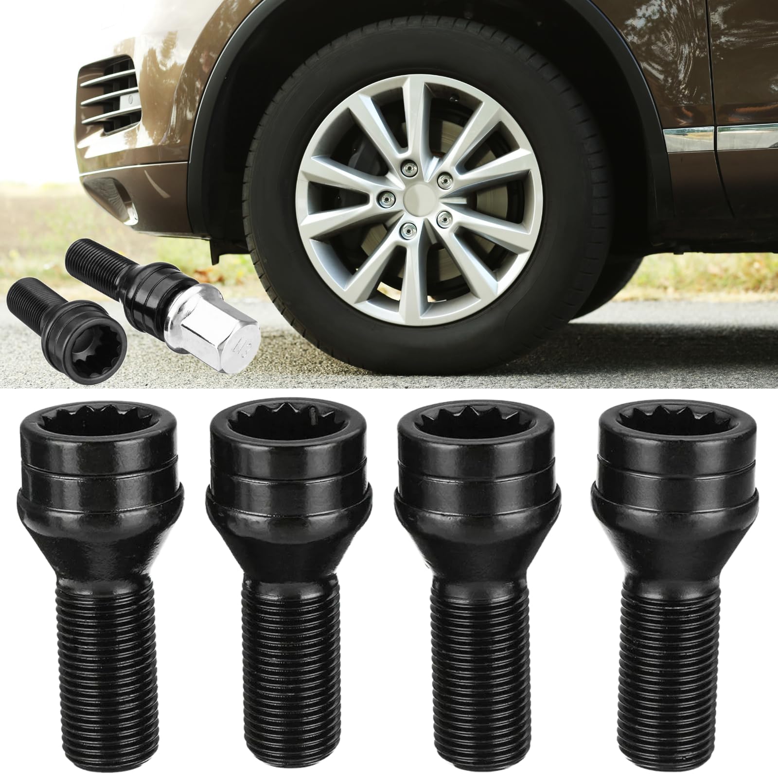 Wheel Bolts Locking Lug Nuts M14 x 1.5 with Locks Key for BMW, Volkswagen (VW) Golf Jetta Beetle Passat Audi, Solid Steel - Black, Set of 5