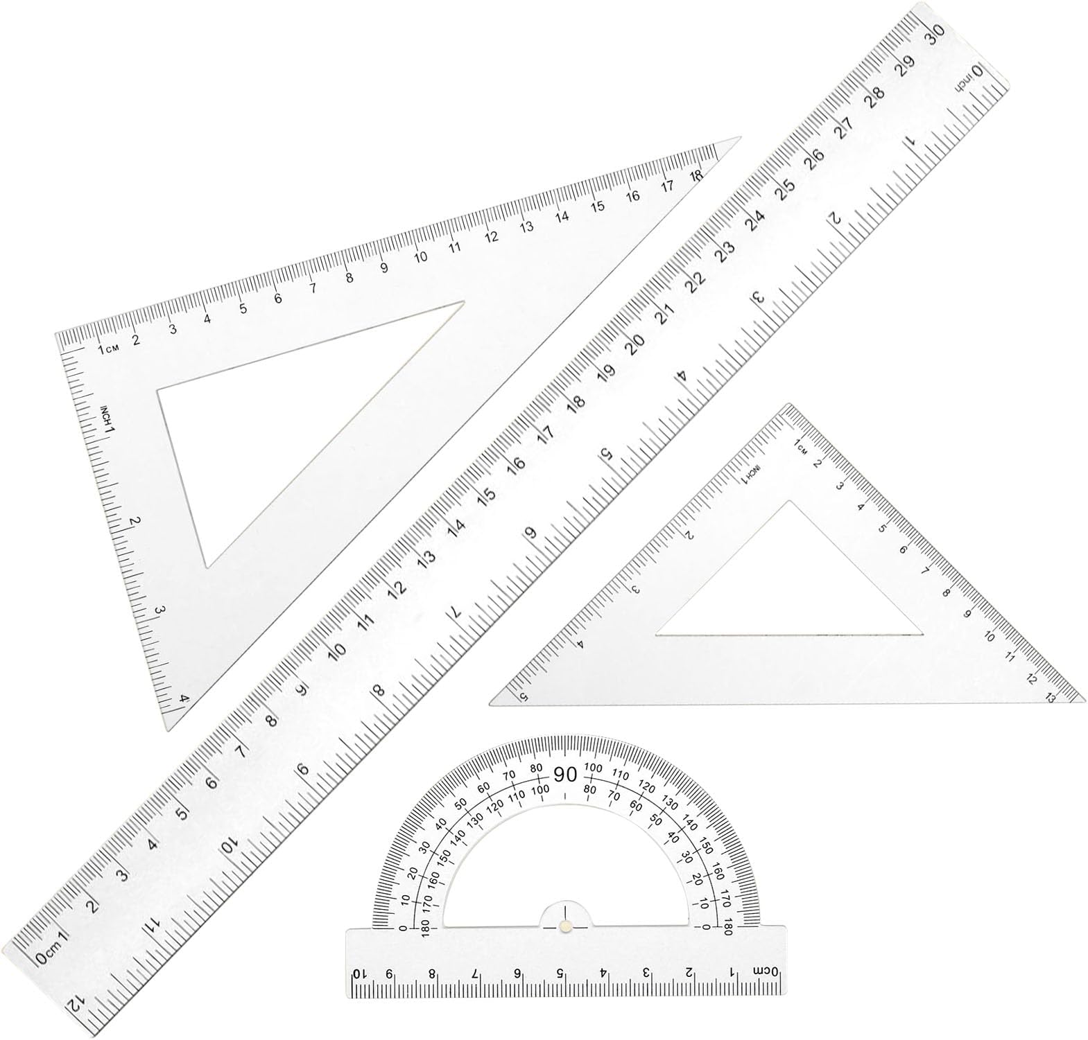 Thinp 4-Piece Ruler Set: 30cm Straight, Triangle, Protractor - Shatterproof Plastic, Clear Measuring Tool for School, Office, Home