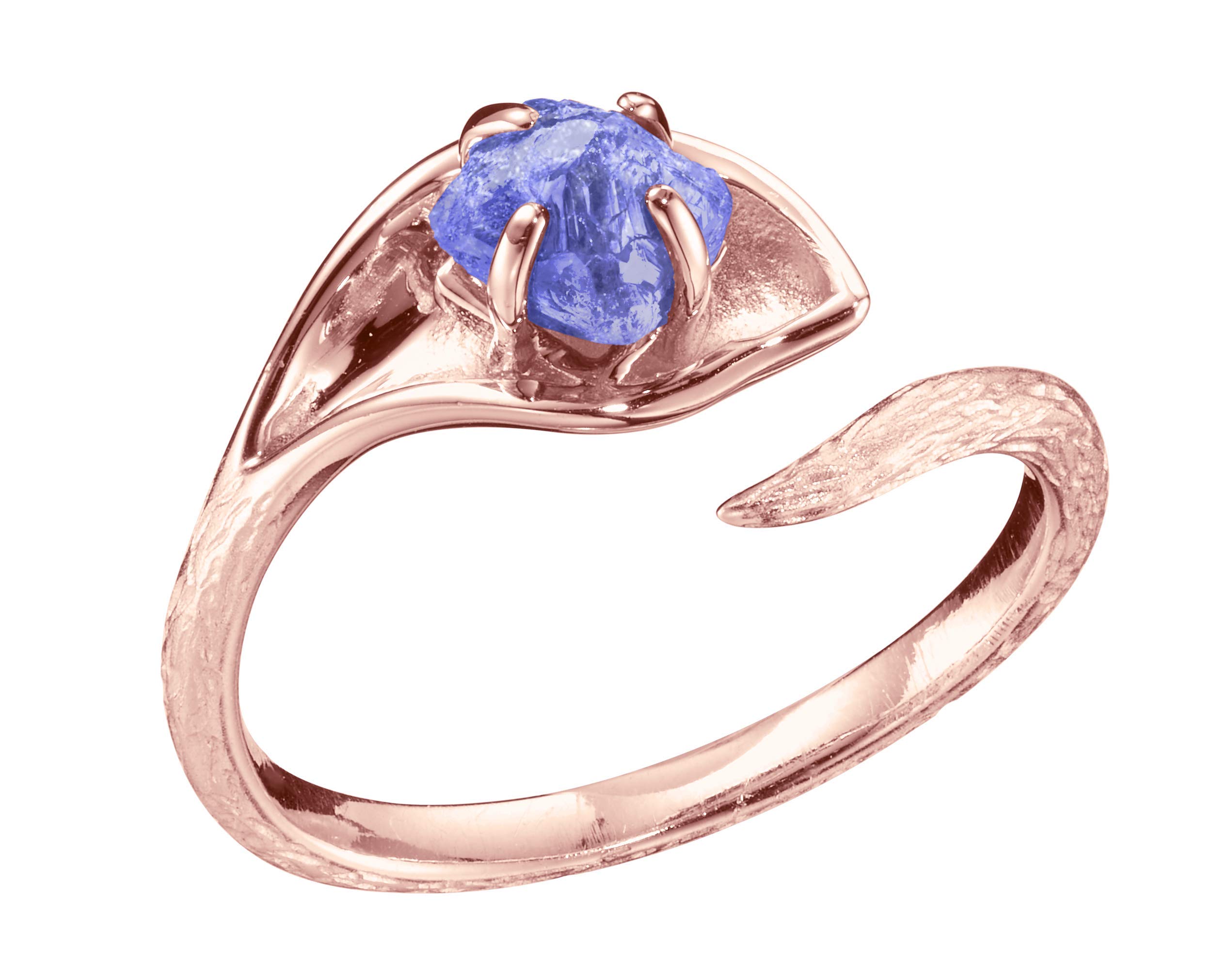 HandmadeUnique raw tanzanite engagement ring by Majade. Uncut tanzanite band, nature inspired rough tanzanite engagement ring. Handmade 14k rose gold 2 in 1 ring. Twisted lily flower twig wood texture ring