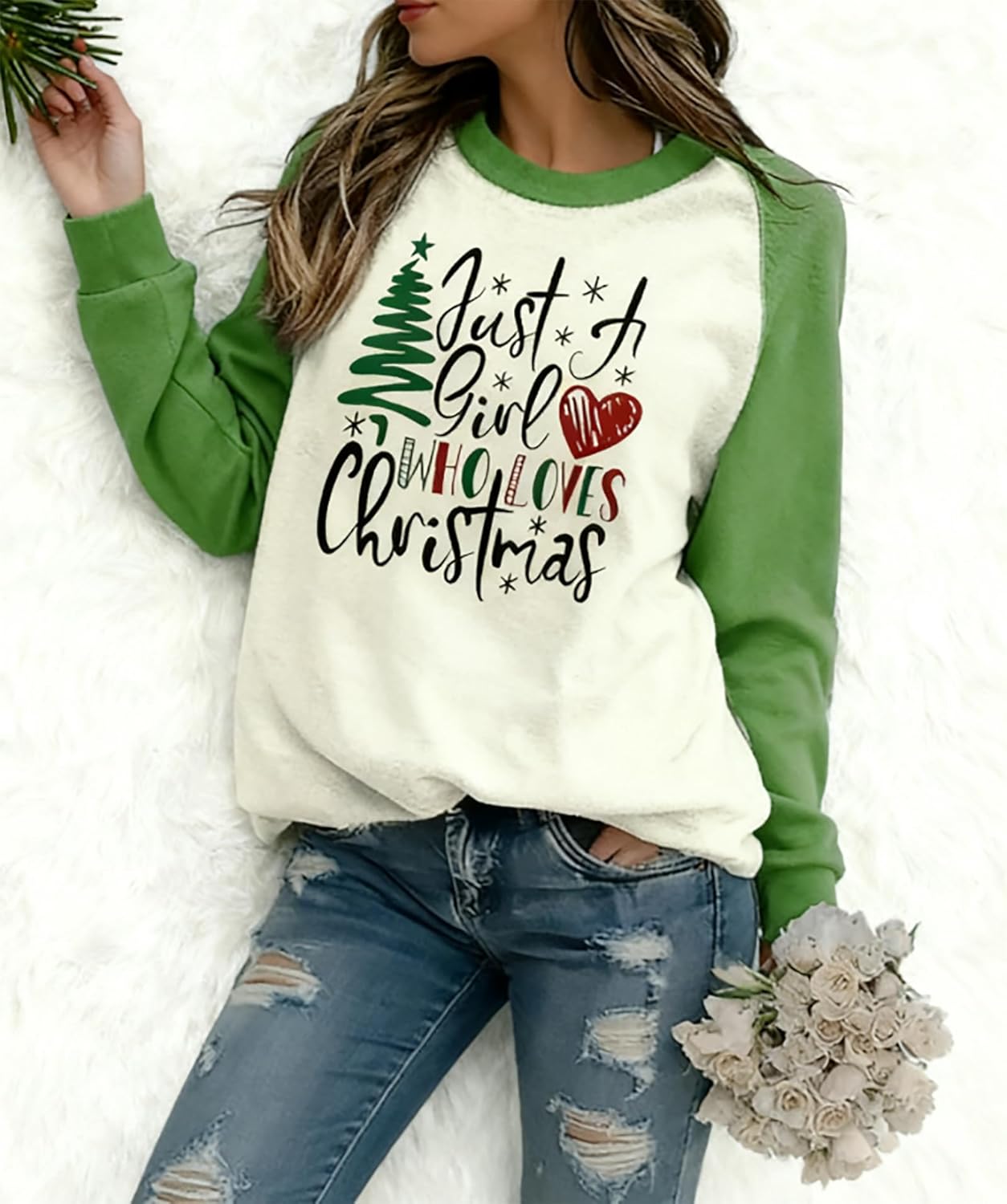 BOMYTAO Just A Girl Who Loves Christmas Tree Sweatshirt for Women Raglan Sleeve Pullover Tops Color Block Shirt - Image 3