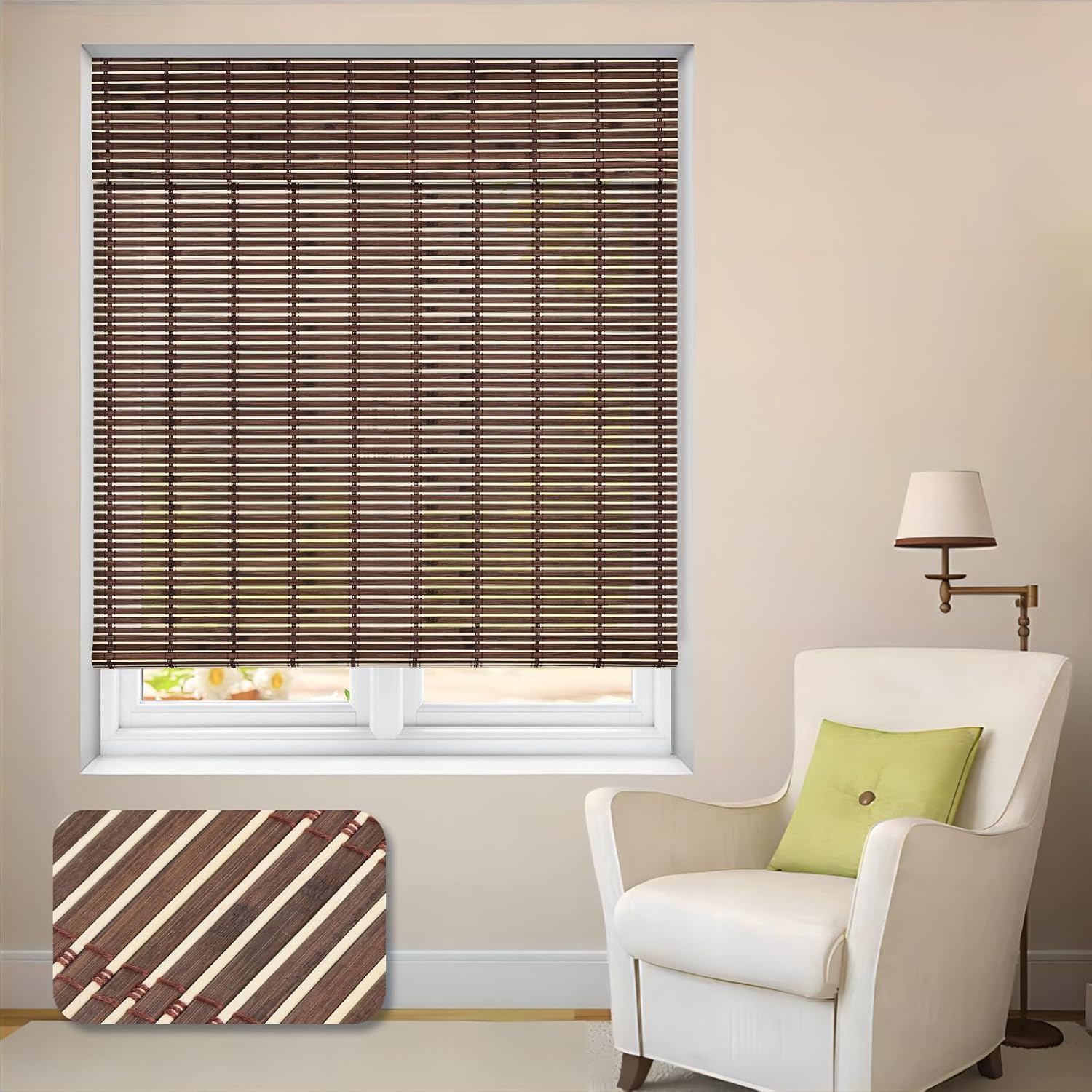 LUCKUP Cordless Bamboo Roman Shades, Roll Up Bamboo Blinds for Indoor Windows, Light Filtering UV Protection Natural Bamboo Shades, Easy to Install for Home&Office, 28" W x 64" L, Brown 28"Wx64"H Brown