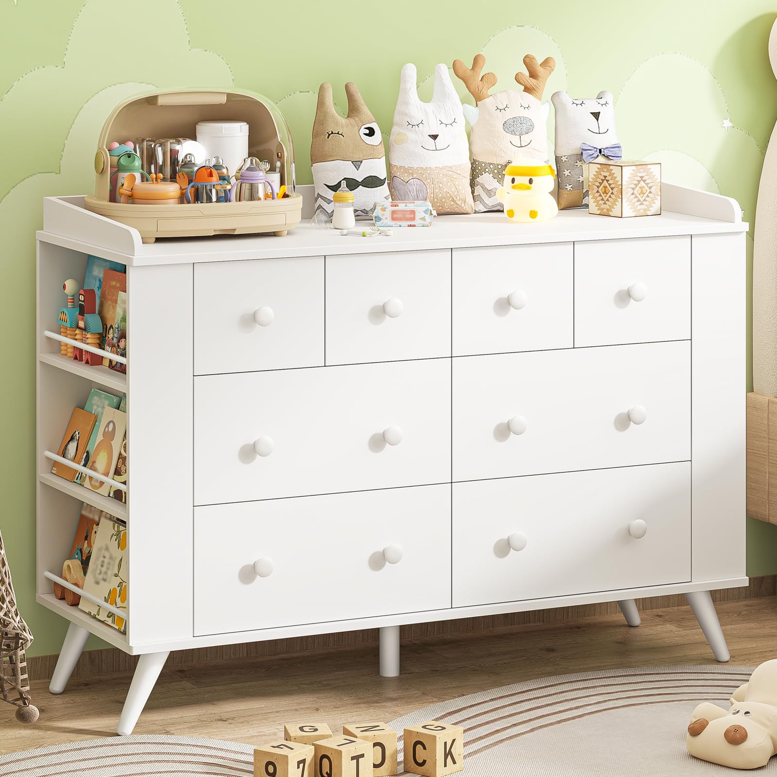 Vabches Kids Dresser Cabinet with 8 Drawers, Changing Table for Nursery, White Chest of Drawers with Open Shelving, Baby Dresser, Kids Bedroom Furniture, Nightstand for Child' s Room, White : Baby