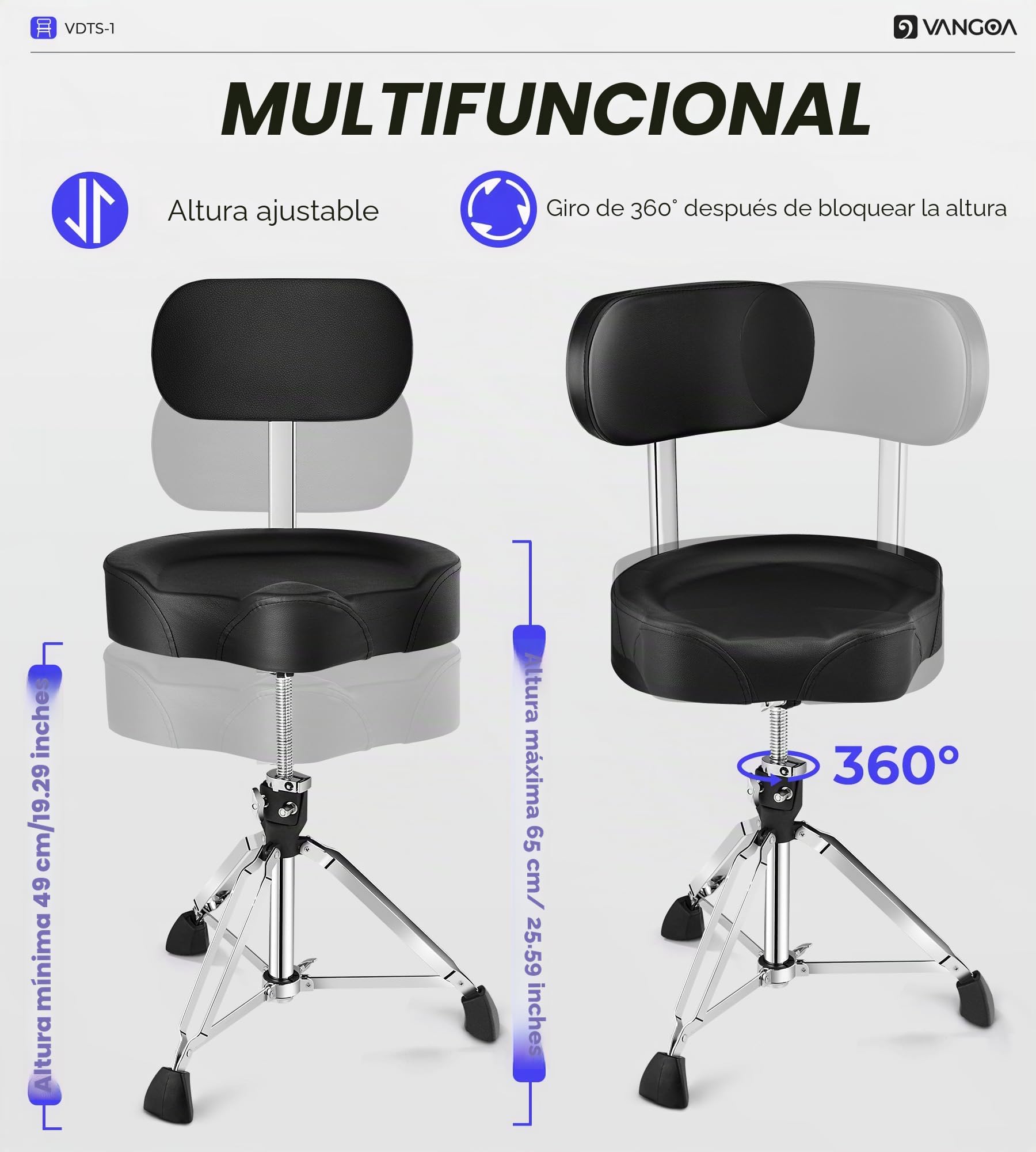 vangoa Trono de tambor con respaldo ajustable en altura resistente, estilo motocicleta, asiento de tambor, cómodo y giratorio, doble refuerzo para bateristas y adultos