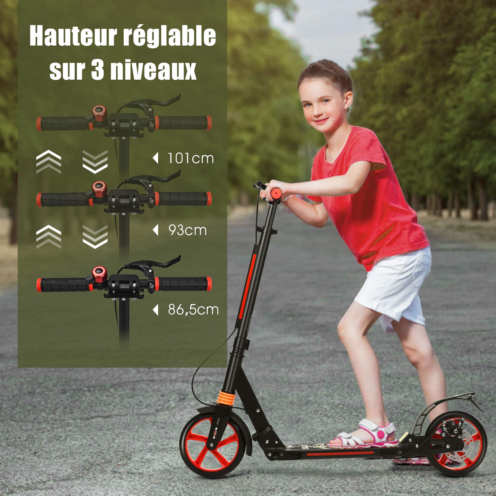 GOPLUS Trottinette Pliable avec Freinage Double, Guidon Réglable (86,5-101CM), Système d'Absorption de Choc pour Adultes, Enfants Plus de 8 Ans, Jusqu'à 100kg