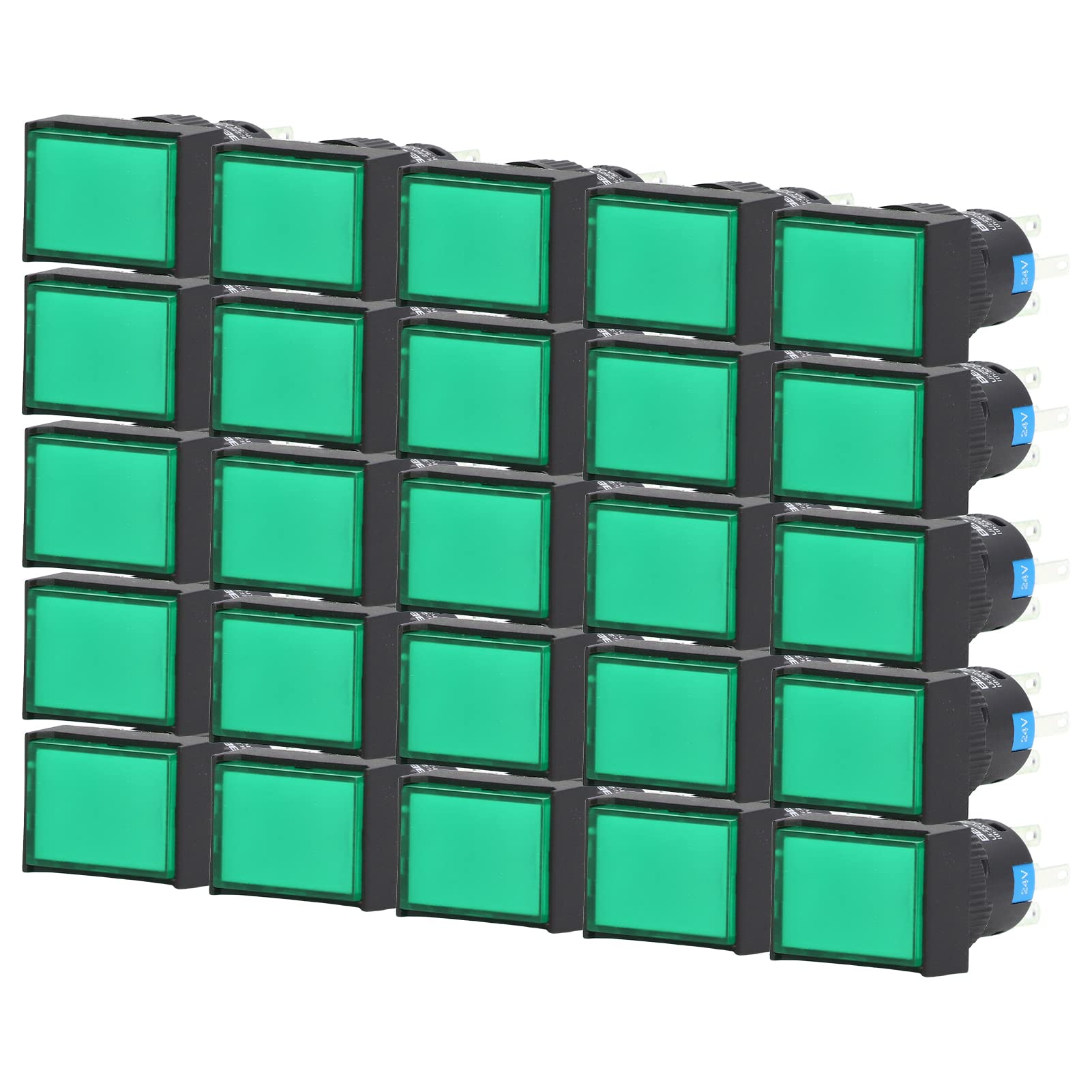 25 pezzi quadrati interruttore a pulsante ABS ottone autobloccante con luce per scatola di distribuzione 16 mm 24 V(VERDE)