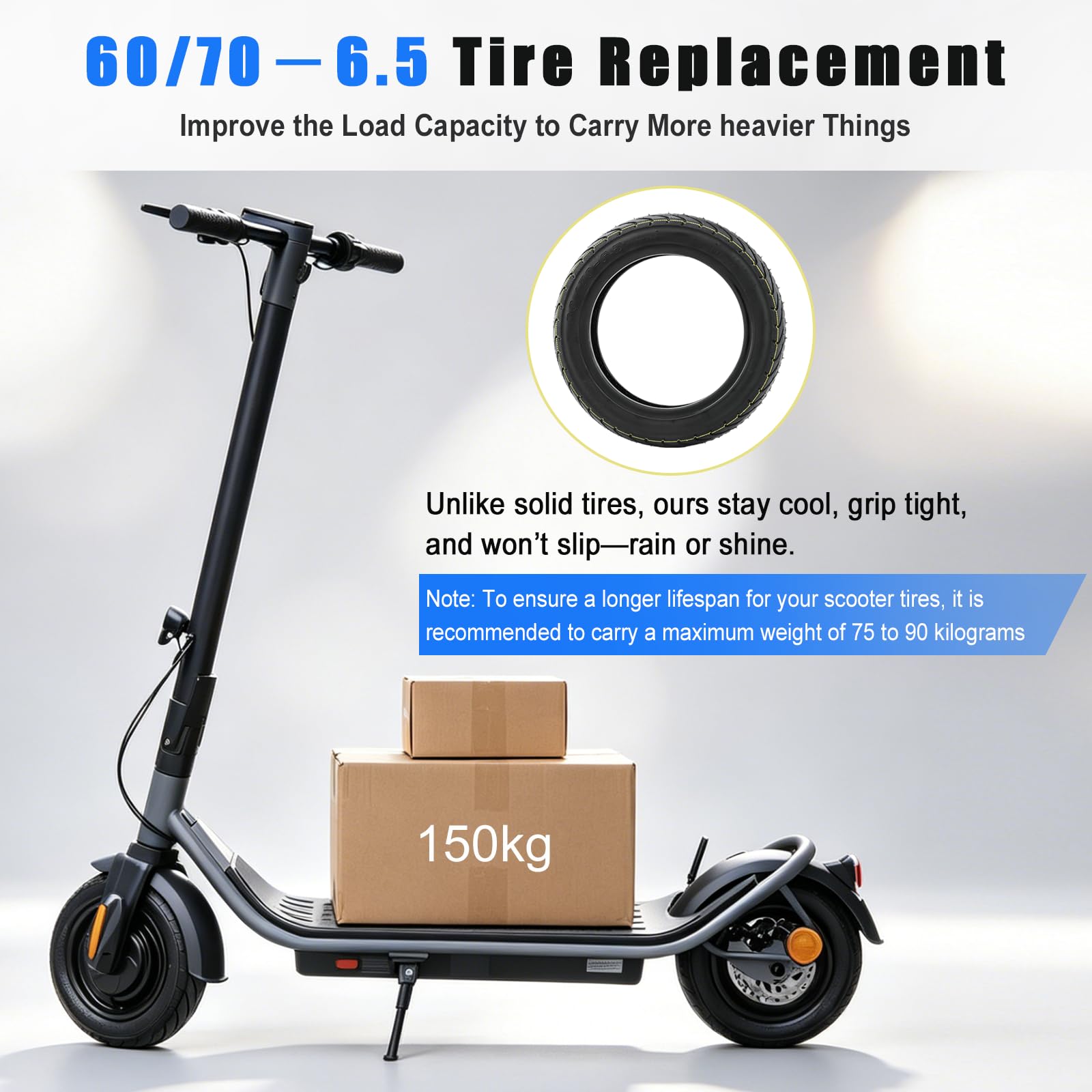 SYACHI 10 x 2,5 Pouces Pneu Tubeless+2 Buses Droites Accessoire Trottinette Électrique Pièces, 60/70-6.5 Caoutchouc plus épais et plus large Type Roues Anti-Explosion