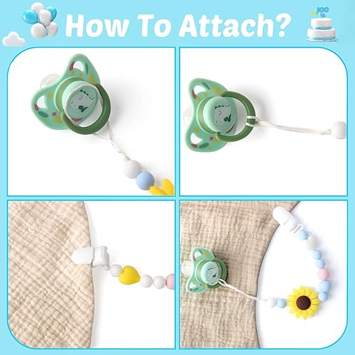 Miniatura 6 de Clip de silicona para chupete, paquete de 2 soportes para chupón para niños y niñas, adorables clips de girasol para chupete se adapta a la mayoría