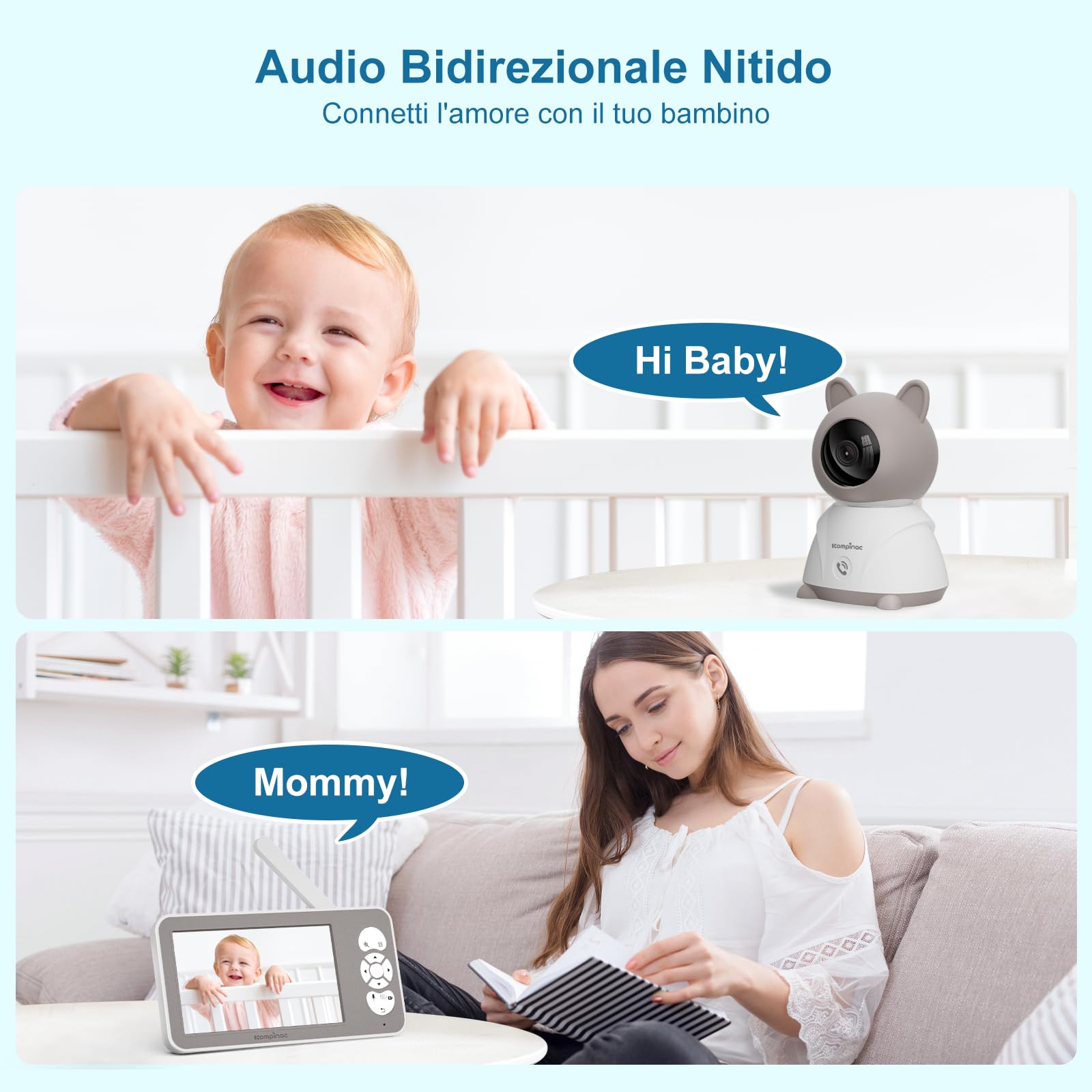 Baby Monitor Video e Audio 5" 2k HD Telecamera Neonato Visione Notturna Audio Bidirezionale Zoom 4X Monitoraggio Temperatura VOX Rilevamento Del Pianto Ninne Nanne 3000mAh Batteria Ricaricabile