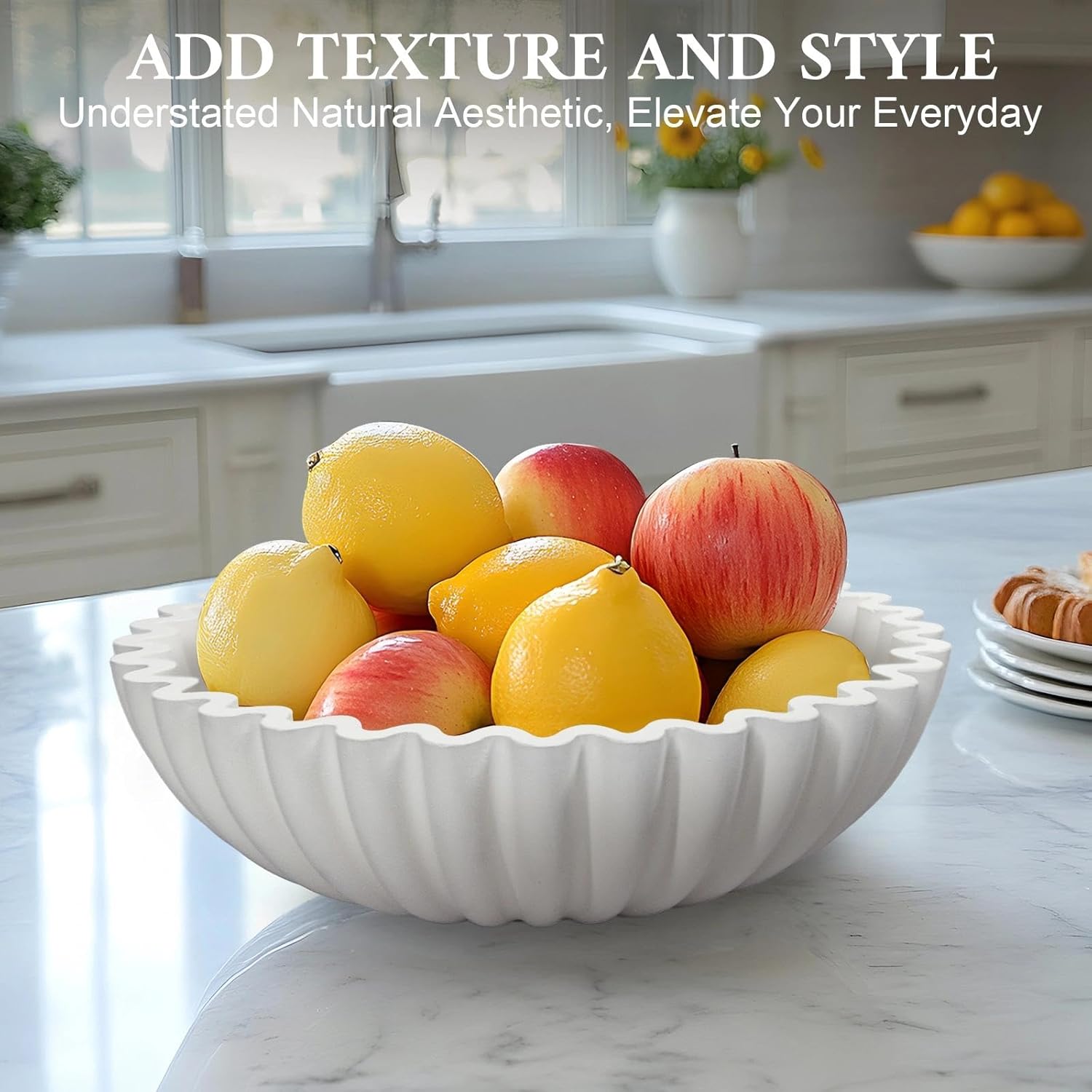 MAONAME Concrete Decorative Bowl, White Fruit Bowl for Kitchen Counter, Modern Handicraft Coffee Table Key Bowls, Large Scalloped Ruffle Bowls for Entryway, Home Decor - Image 5