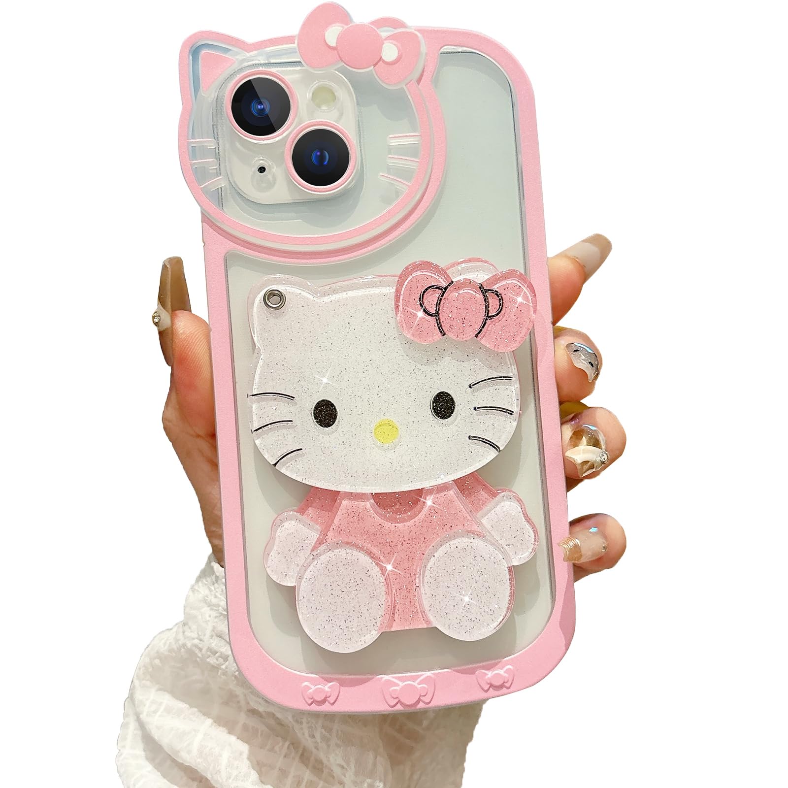 Cute Cartoon Designed for iPhone 15 Case, 3D Bow Kawaii Cartoon Cat Case with Mini Makeup Mirror for Girls Women Soft Silicone Clear Shockproof Phone Cover for iPhone 15 6.1", Pink