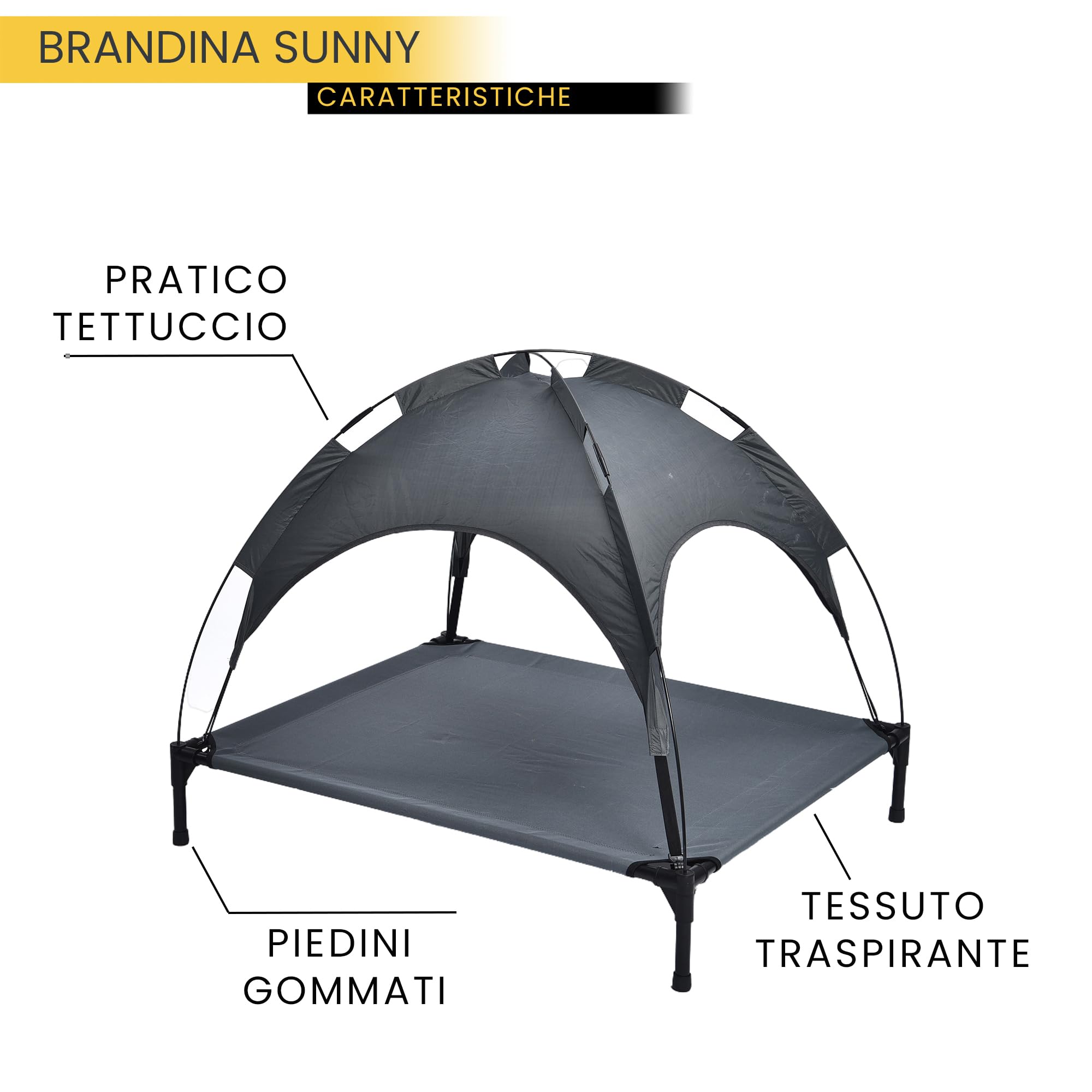 Italian Bed Linen – Brandina Rialzata per Cani "Sunny", Lettino con Tettuccio Protezione UV e Impermeabile, Tessuto Traspirante Anti-Umidità, Portata 50kg, Ideale per Esterno e Giardino, 105x85x85 cm