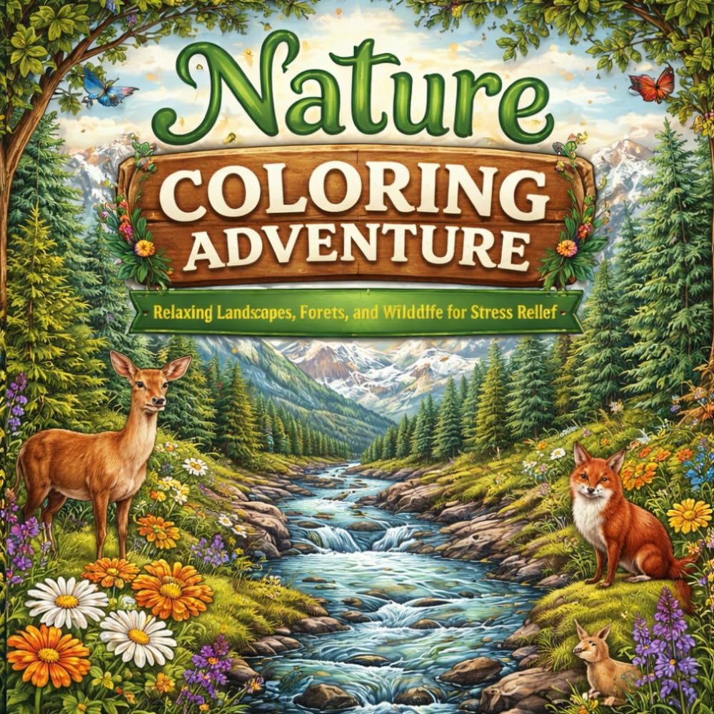 Nature Coloring Adventure: Relaxing Landscapes, Forests, and Wildlife for Stress Relief (Adult coloring pages)