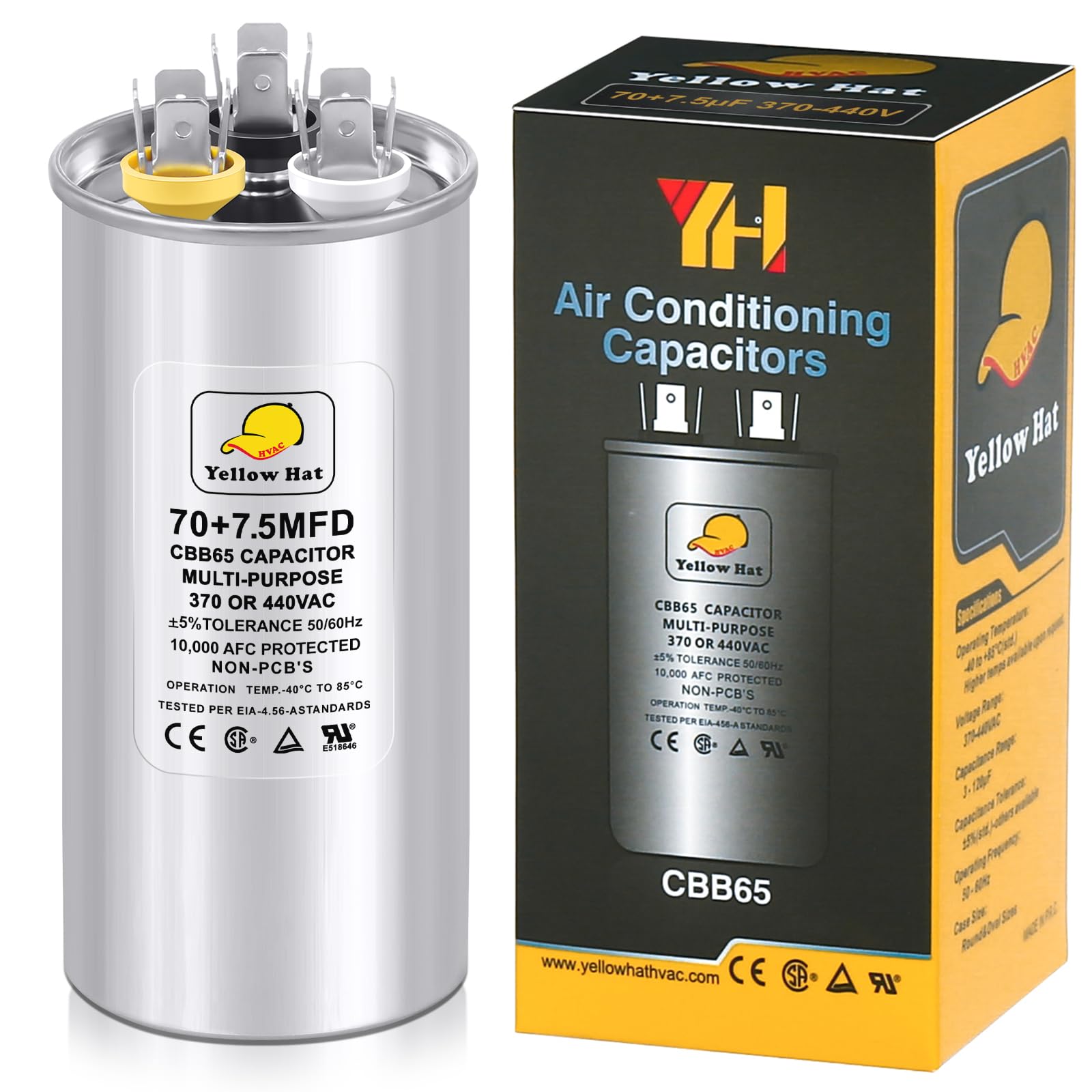 Capacitor for Air Conditioner 70+7.5 uf MFD 370 or 440 Volt VAC, Multi-Purpose Round Capacitor for AC Motor Run or Fan Motor Start or Condenser Straight