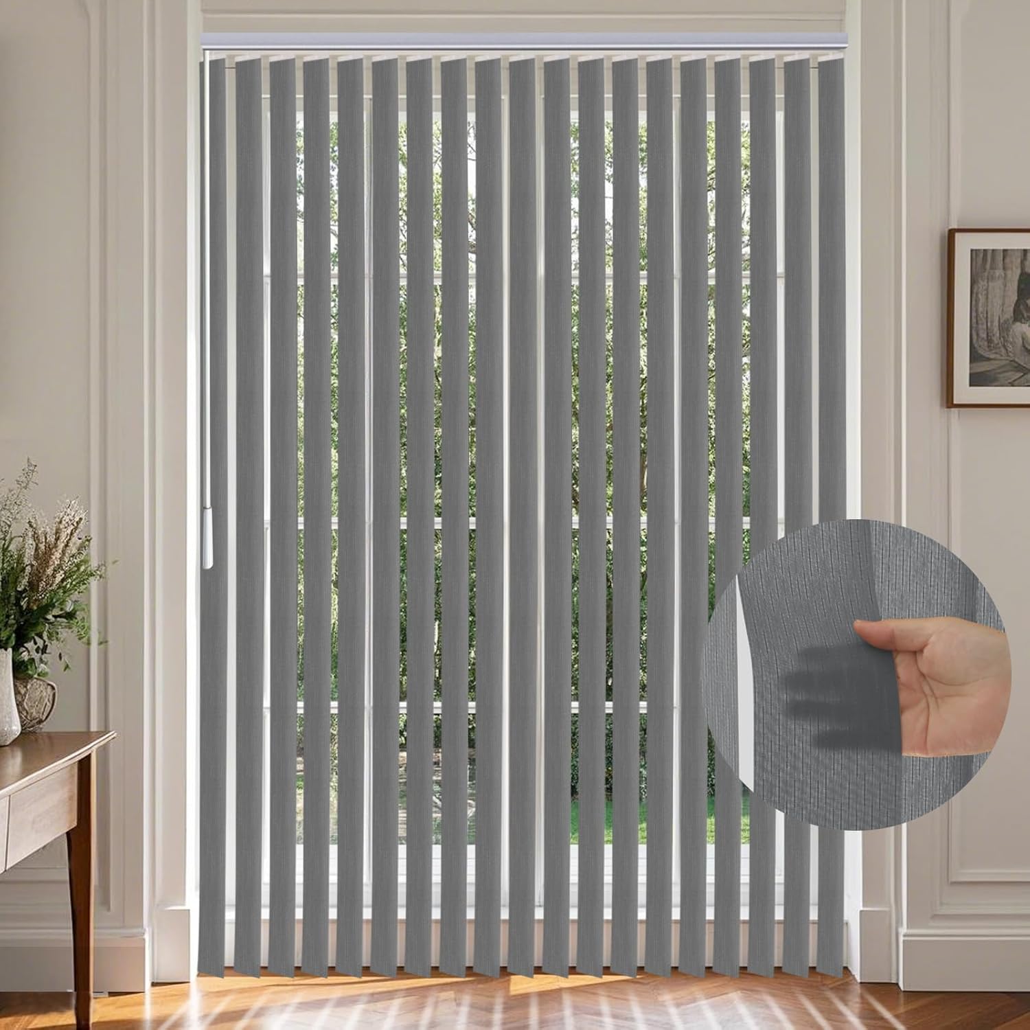 Light Filtering Fabric Vertical Blinds, Grey Window Shades, 3.5 Inch Slats Privacy Vertical Blinds，Wand Control Window Blinds for Sliding Door, Patio, French Door, Closet