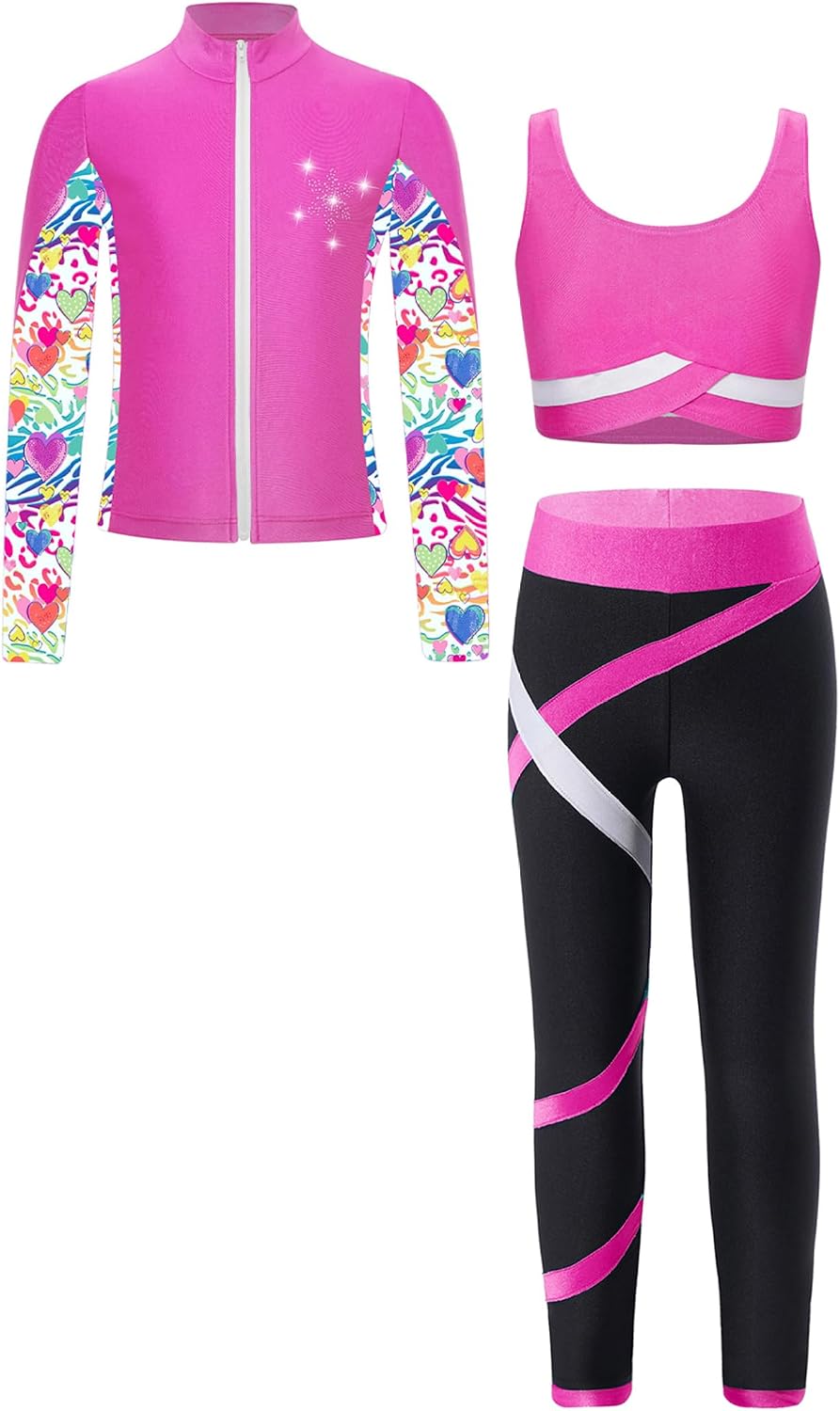 Kids Girls 3Pcs Sports Outfits Zipper Jacket Sleeveless Crop Top with Athletic Leggings Tracksuit Set