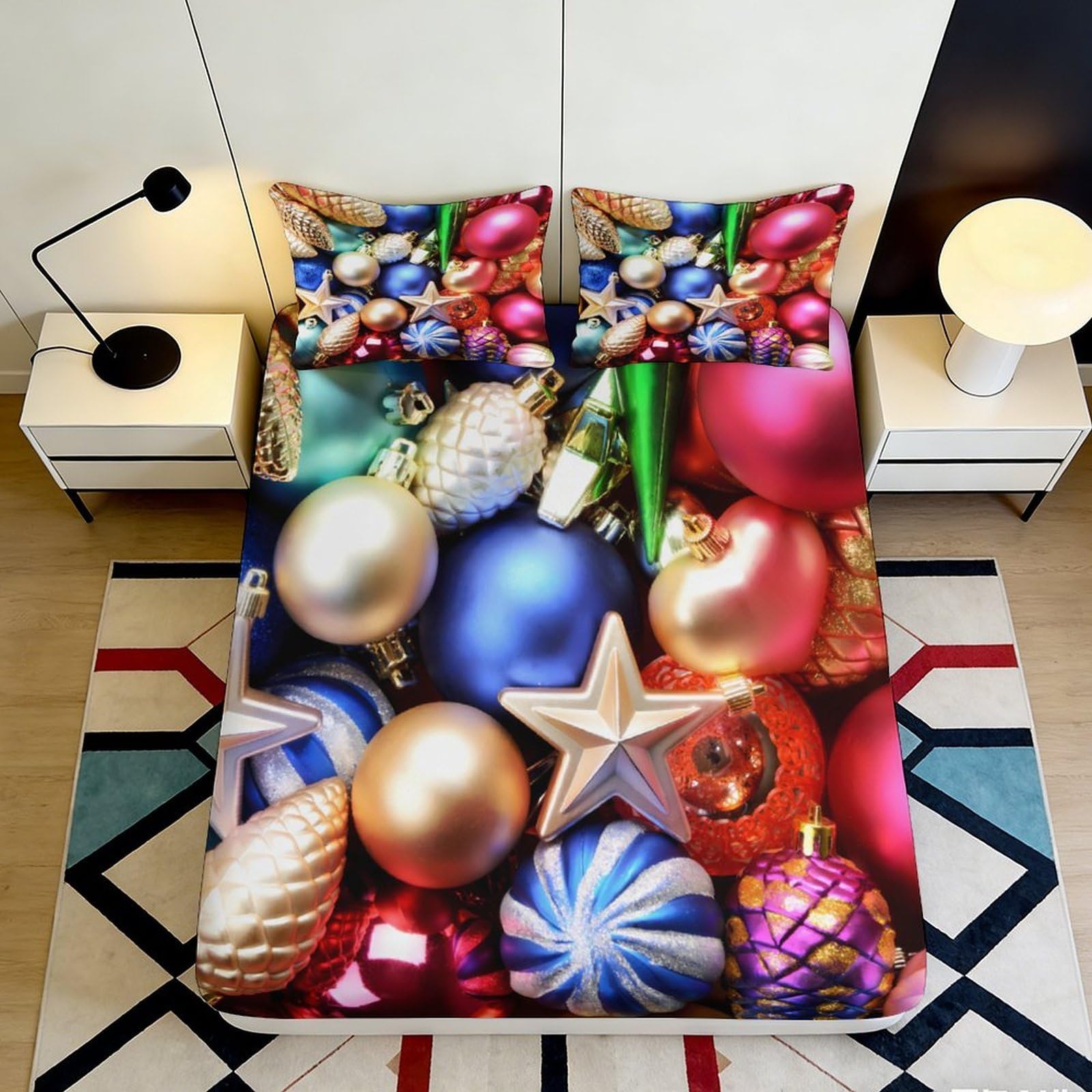 3D Printed Christmas Ornaments Fitted Sheet Microfiber Multicolor Decorative Baubles Mattress Cover for Bedroom Guest Room Dorm 90x200x25cm