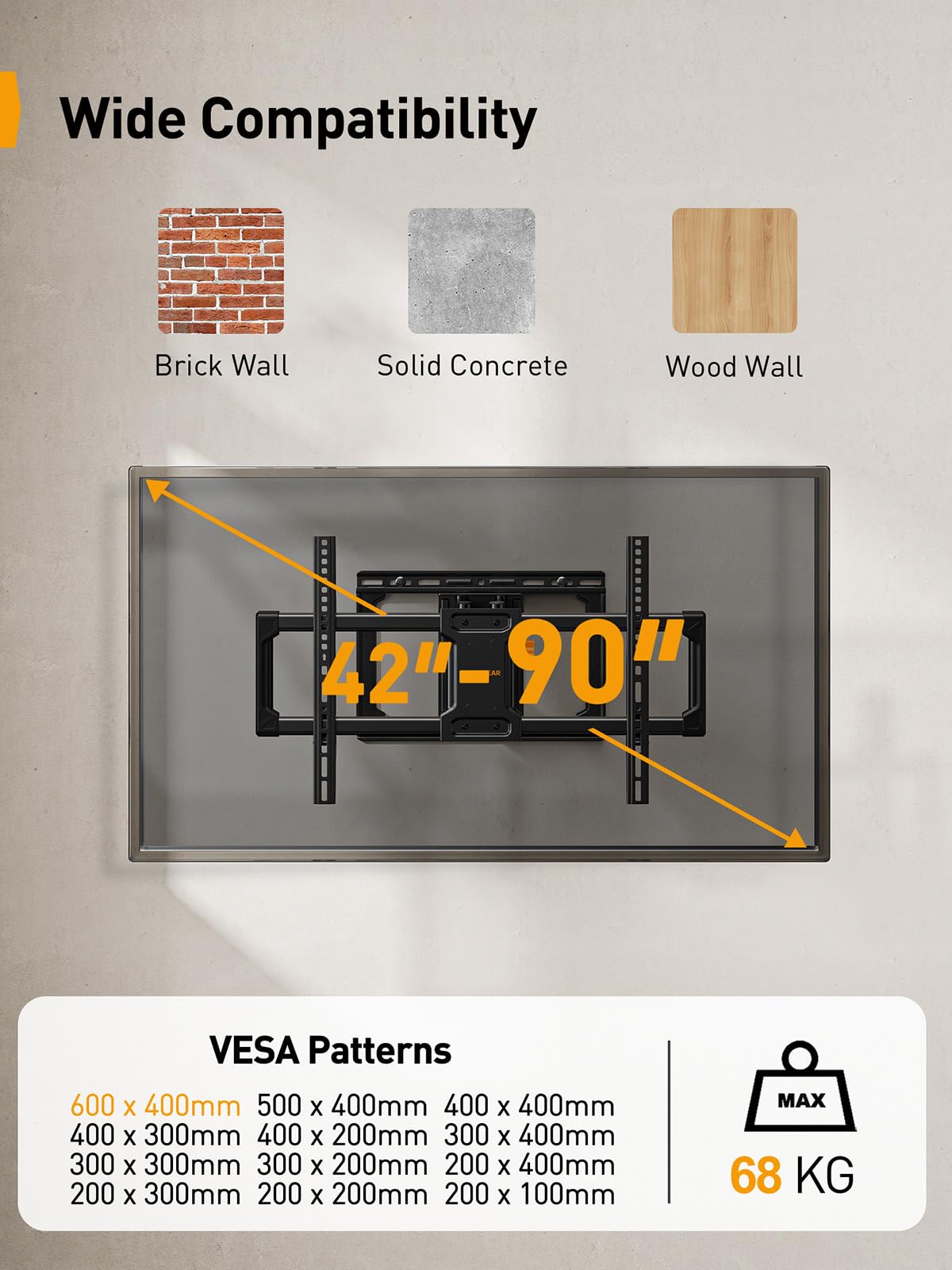 Soporte TV Pared con Movimiento Completo Perlegear, para TV de 42 a 90 Pulgadas y hasta 68 kg, con Brazos Articulados Dobles, Inclin sin Herram, Gir, Exten y Nivel, VESA Máx 600x400mm, Modelo PGLF8