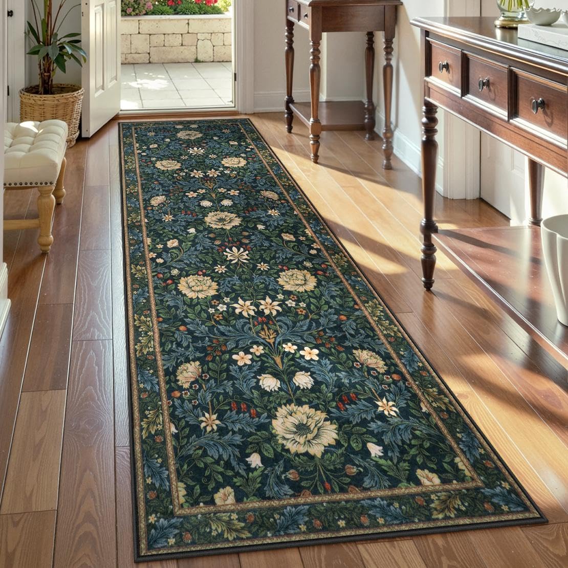 LIVEBOX Boho Floral Kitchen Runner Rug, 2x6 Runners for Hallways 6ft Non Slip Washable Rug Runners, Botanical Ultra Thin Stain Resistant Vintage Carpet Runner for Bathroom Entryway, Dark Green/Black