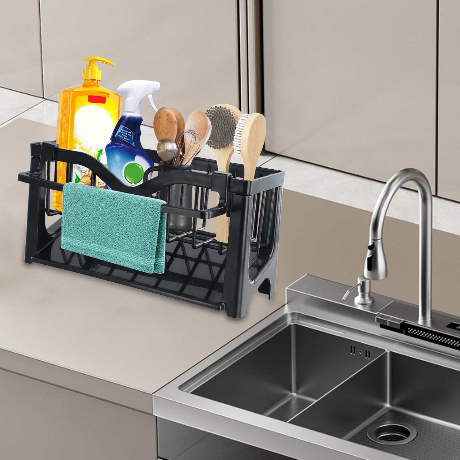 Ziyonix Kitchen Sink Organiser, Sink Caddy Kitchen Soap Dispenser Caddy Organizer sink Holder with Auto Drain Tray for kitchen & Bathroom Holding Sponge and Towel - Image 4