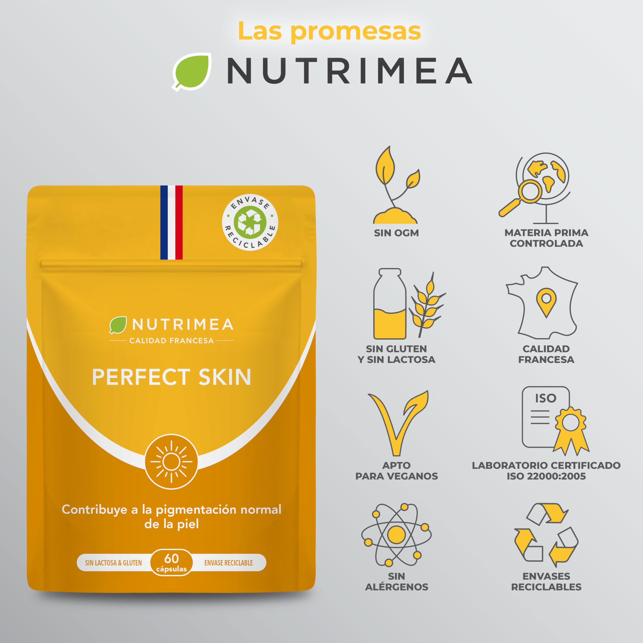Perfect Skin - Preparador y Acelerador del Bronceado - Protección Solar Natural y Tono Bronceado - Beta-caroteno y Bardana - 60 Cápsulas Veganas - Nutrimea - Fabricado en Francia