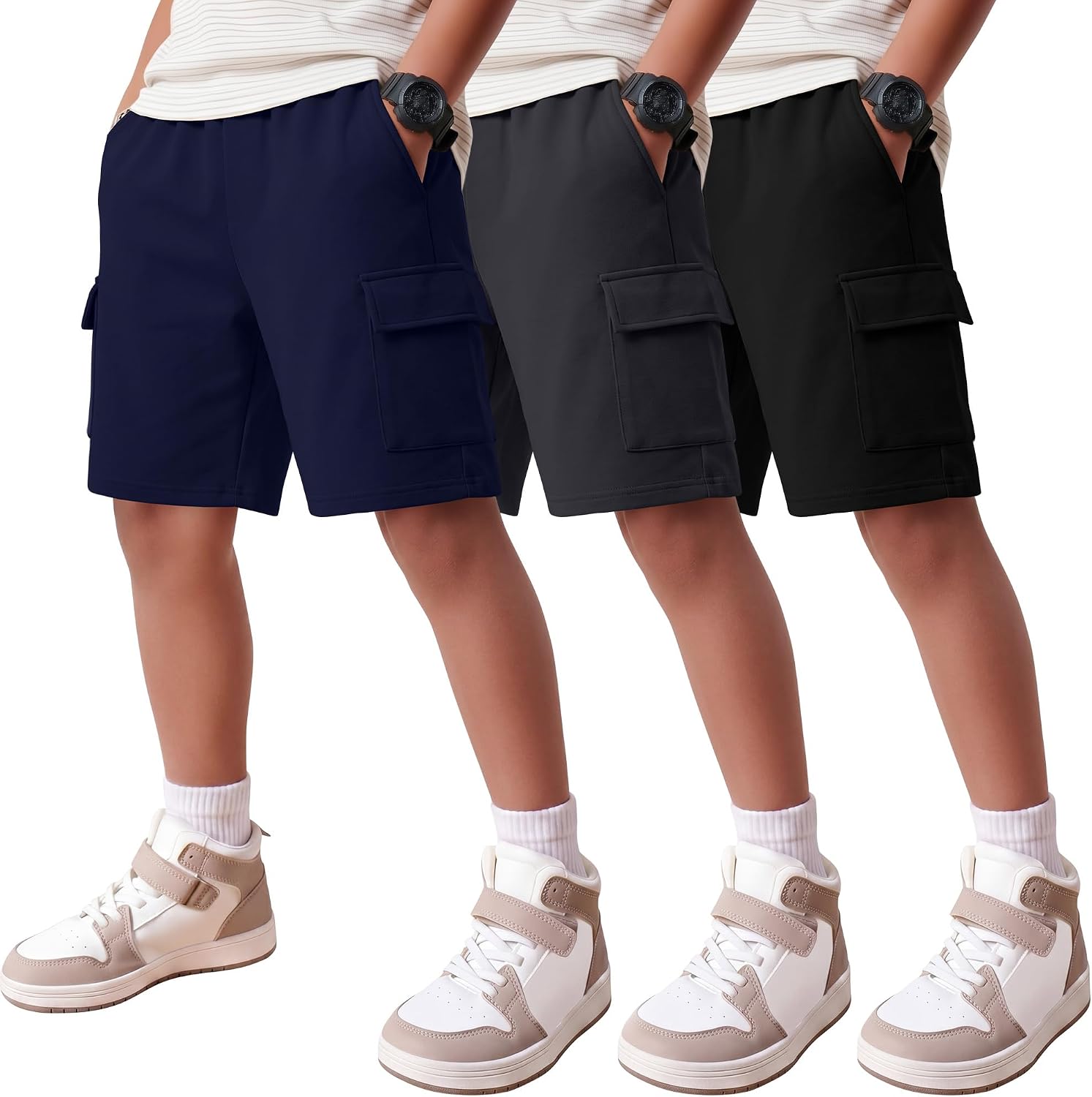 3 Pack Boys' Cargo Shorts Wide Leg Elastic Waist Kids Athletic Basketball Sweat Short with Multi Pockets 5-16Years
